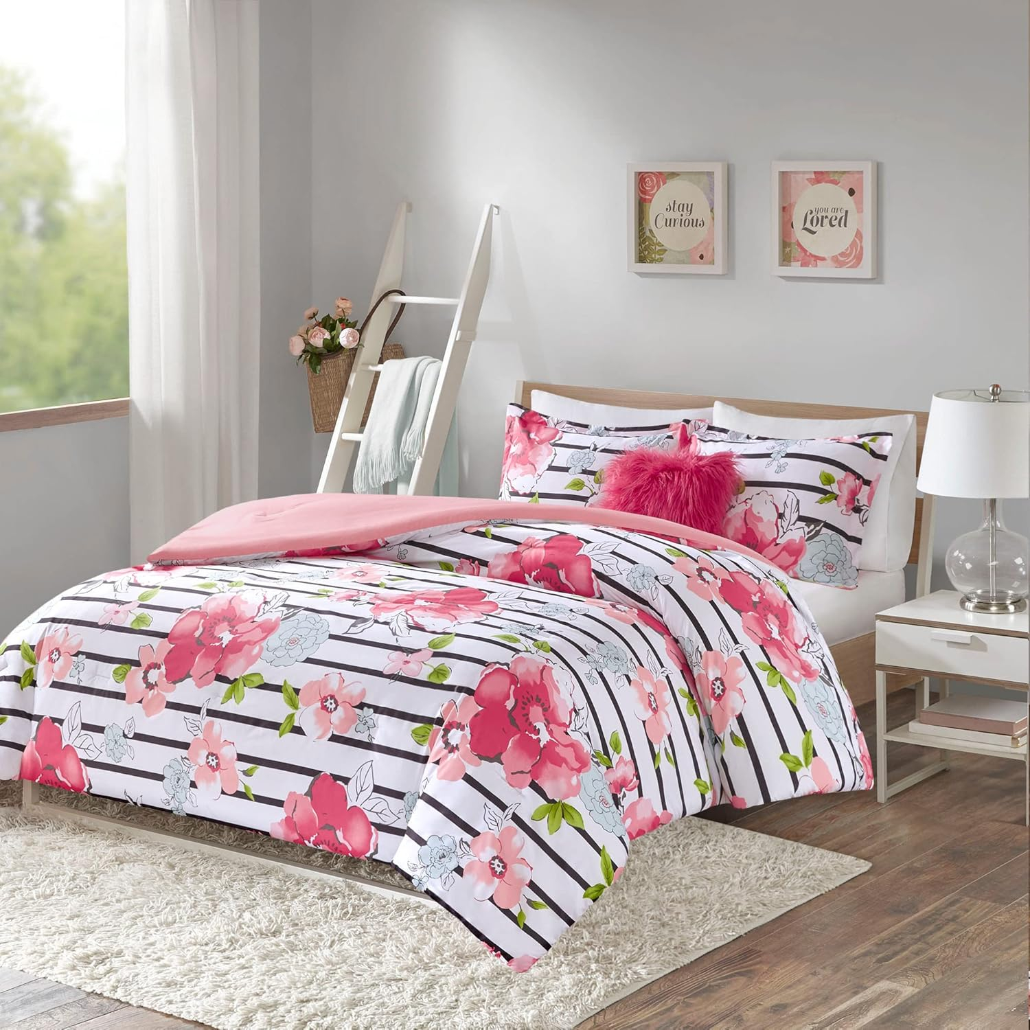 Comfort Spaces Full/Queen Comforter Sets, 4-Piece Floral Kids Bed Sets for All Season, Pink and Black Bedding Comforter Sets for Girls