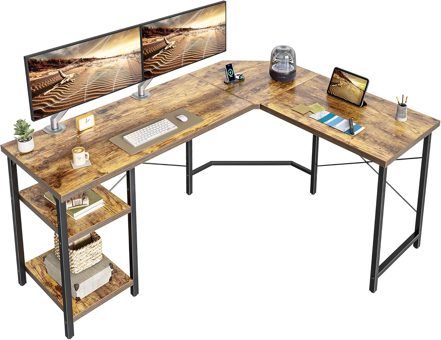 CubiCubi L Shaped Desk, 59.1 Inch Reversible Corner Desk with Storage Shelves, Home Office Desk for Writing Gaming Study, Rustic Brown