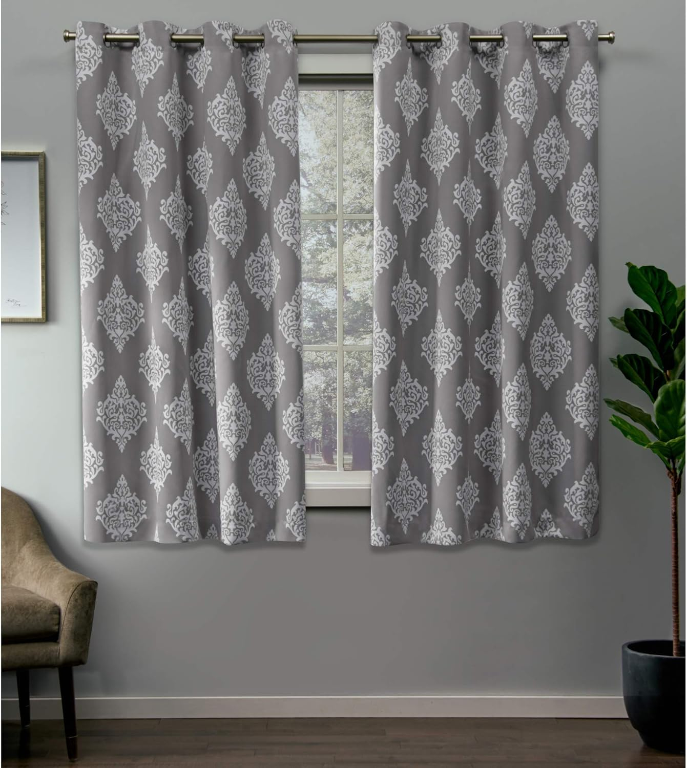EXCLUSIVE HOME Medallion Room Darkening Blackout Grommet Top Curtain Panel Pair, 52"x63", Silver