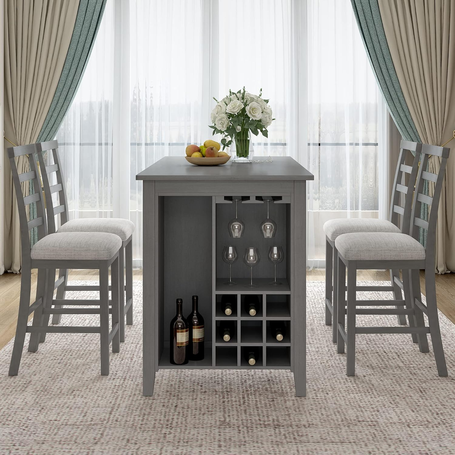 5-Piece Multi-Functional Rubber Wood Counter Height Dining Set with Padded Chairs and Integrated 9 Bar Wine Compartment, Wineglass Holders for Dining Room (Gray) 39AAE