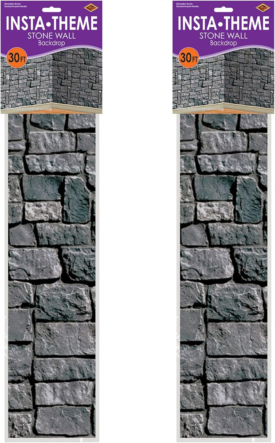 Beistle Brick Stone Wall Backdrops, 4’ x 30’, 2 Pack – Medieval Party Decorations, Medieval Decor Background, Photo Backdrop, Easy to Adhere Wall Covering, Stone Backdrop, Halloween Party Decorations