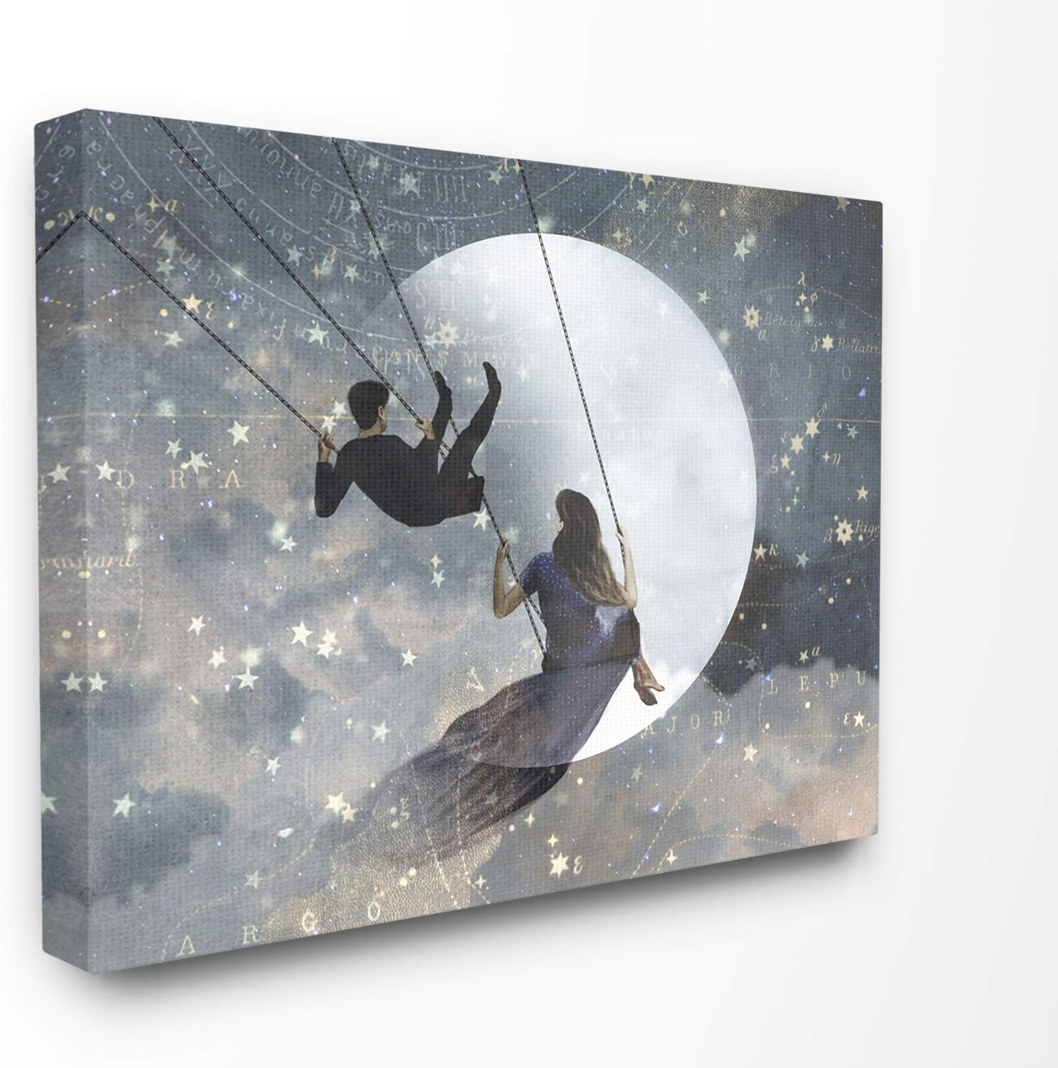 The Stupell Home Decor Collection Grey and Blue Celestial Love Sky Swinging by the Full Moon and Stars Stretched Canvas Wall Art, 16 x 1.5 x 20