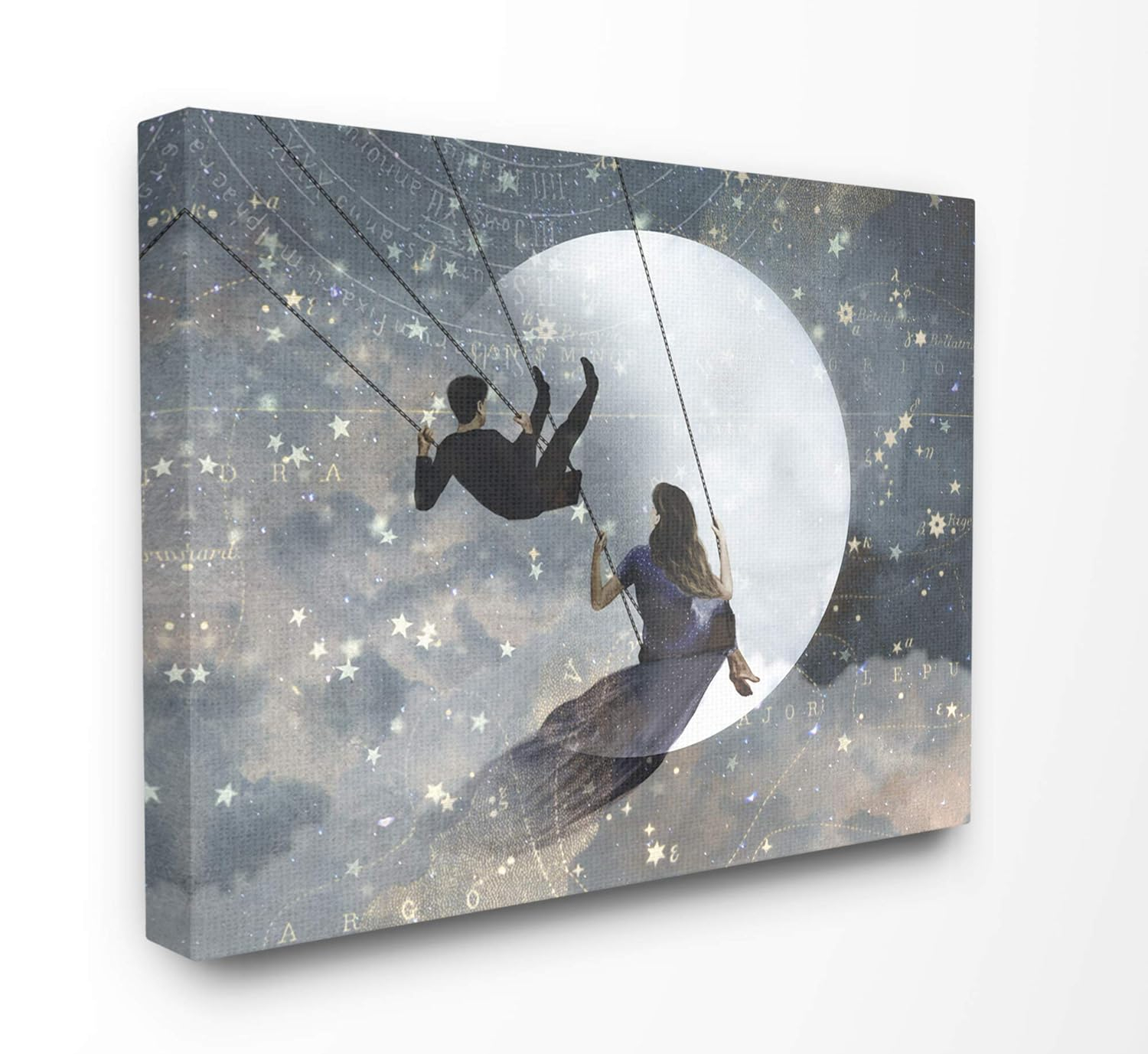 The Stupell Home Decor Collection Grey and Blue Celestial Love Sky Swinging by the Full Moon and Stars Stretched Canvas Wall Art, 16 x 1.5 x 20