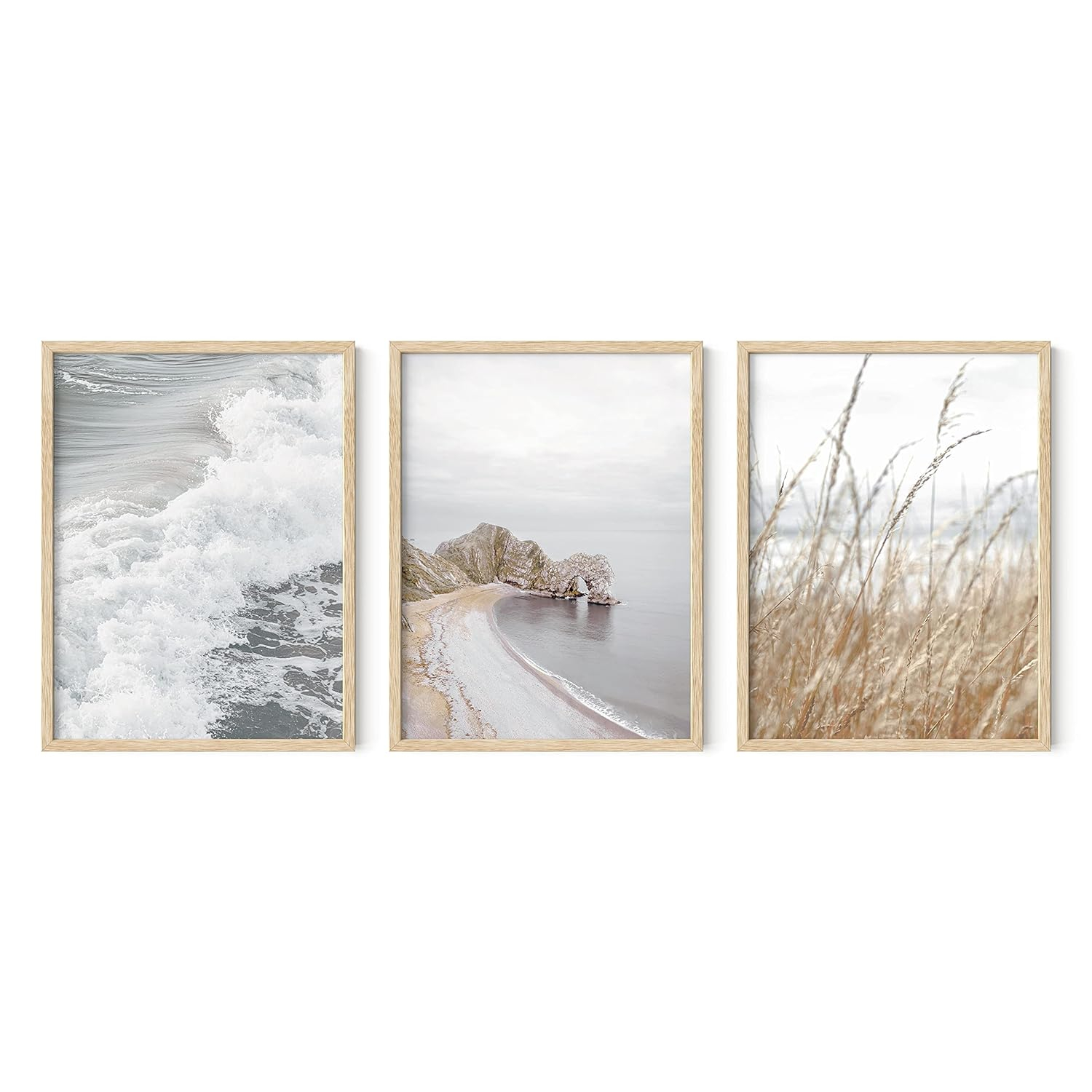 Haus and Hues Beach Wall Decor - Set of 3 Beach Pictures Wall Art, Ocean Wall Art, Coastal Wall Art, Nature Wall Art, Modern Wall Art, Beach Poster, Framed Wall Art For Living Room(Framed Beige 12x16)