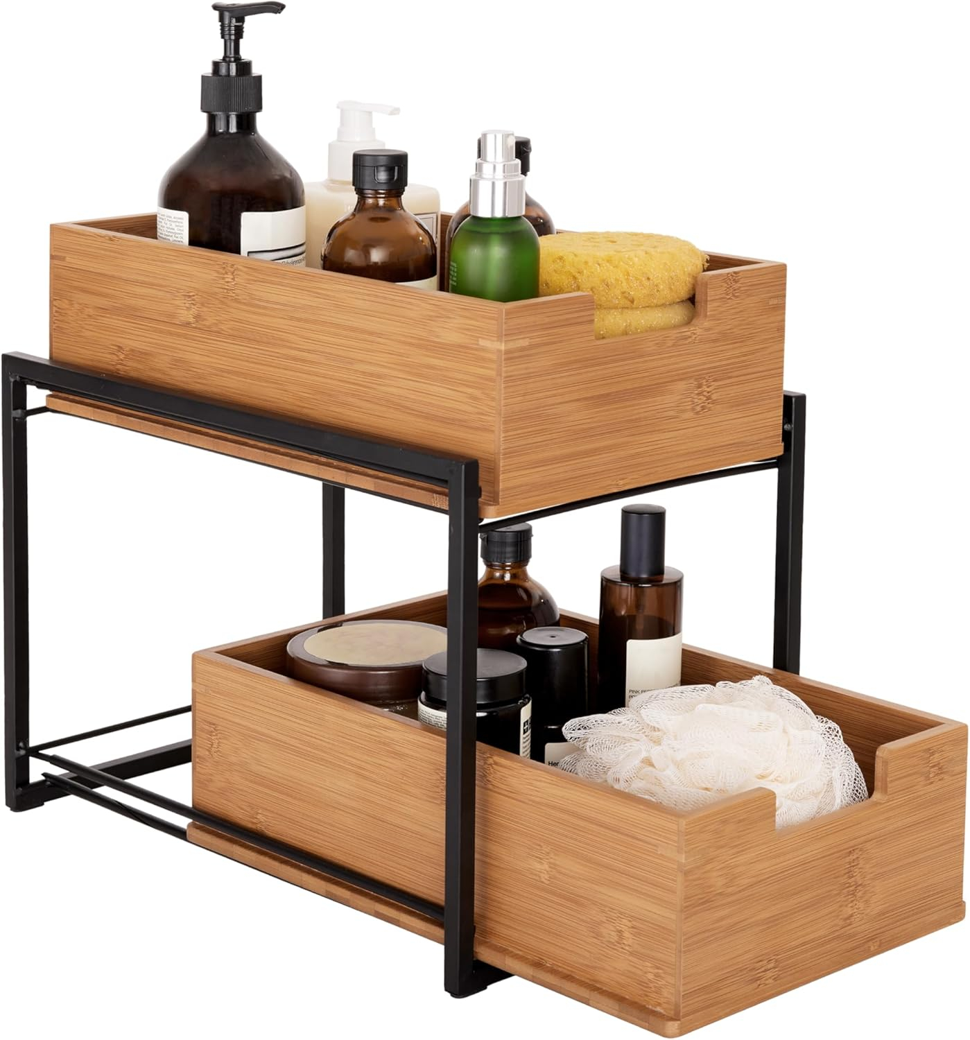 Seville Classics Bamboo Premium Organizer Storage Bins for Kitchen Silverware, Pantry, Closet, Office Desk, Pens, Utensils, Makeup, K Cup, Bamboo, 2-Tier Bin Set, Black