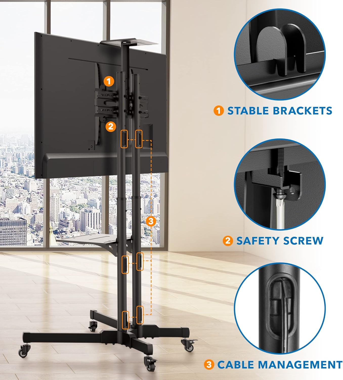 Mount-It! TV Cart Mobile TV Stand Wheeled Height Adjustable Flat Screen Television Floor Stands with Rolling Casters and Shelf, VESA Compatible TV Mount Bracket Fits Displays 37 to 70 Inch, 110 Lbs