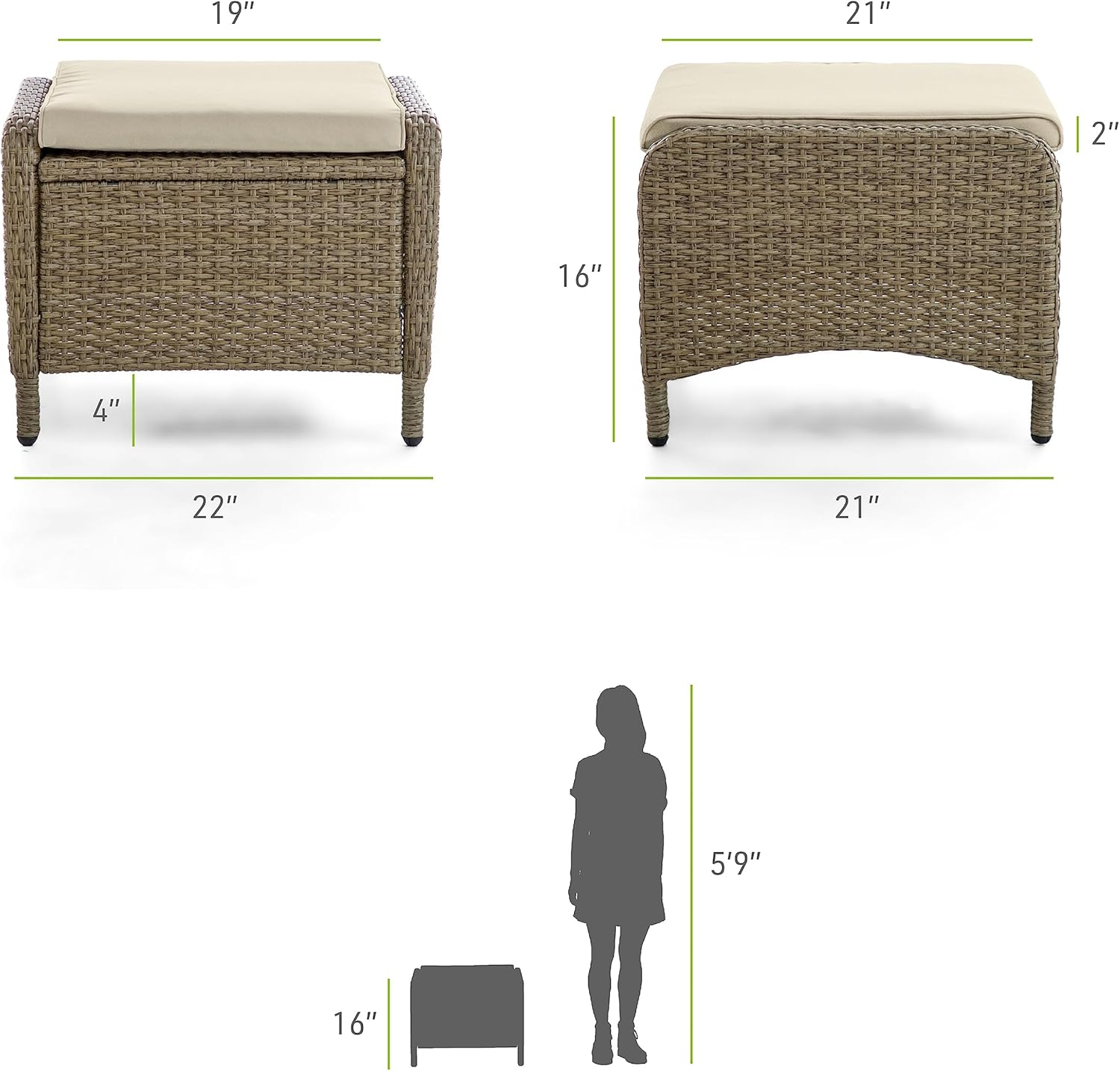 Beige and Natural Brown Wicker Outdoor Ottomans with Cushions, Set of 2