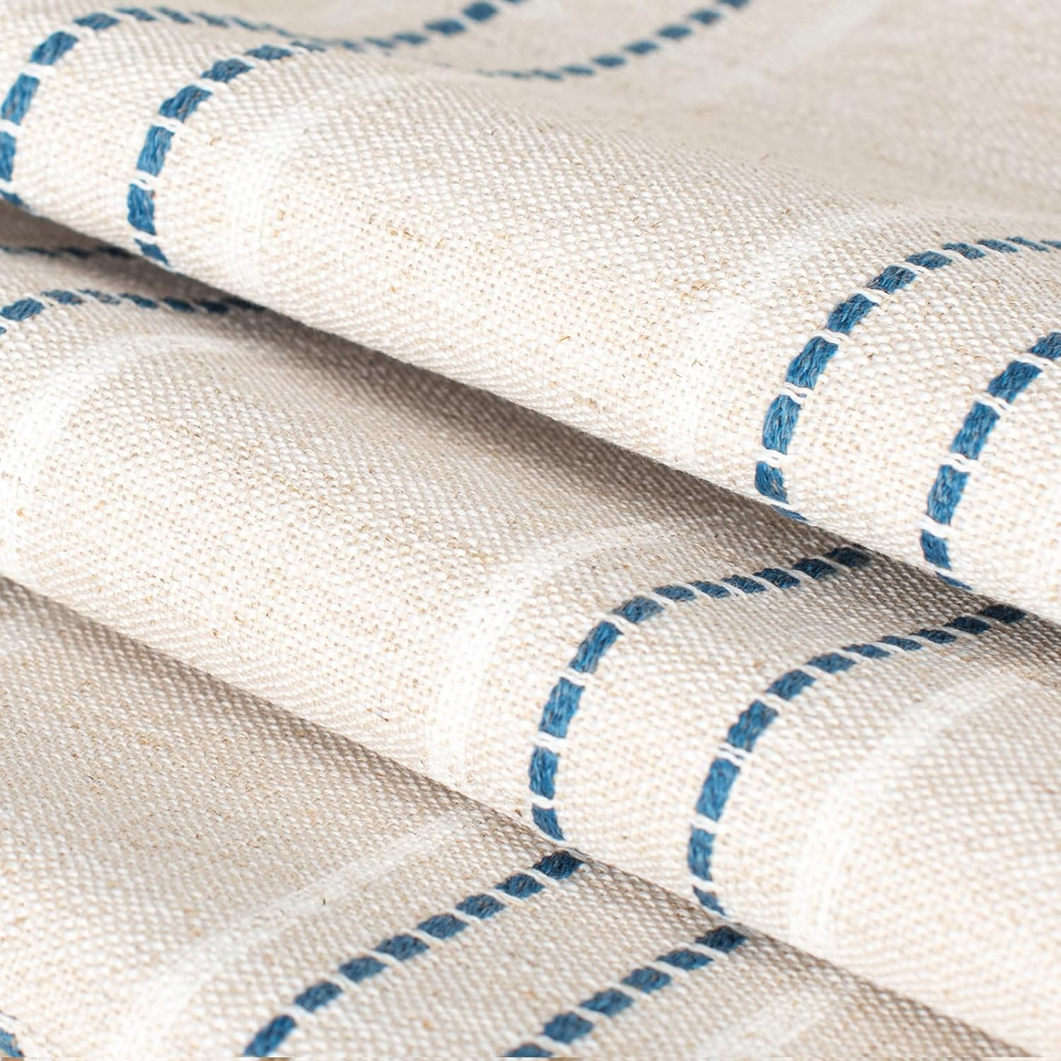 AELS 20x20 Decorative Farmhouse Linen Throw Pillow Covers with Fringe,Boho Textured Pillow Case,Set of 2,Beige with White & Navy Blue Stitch Yarn Dyed Stripe Cushion Cover for Sofa Couch (Cover ONLY)