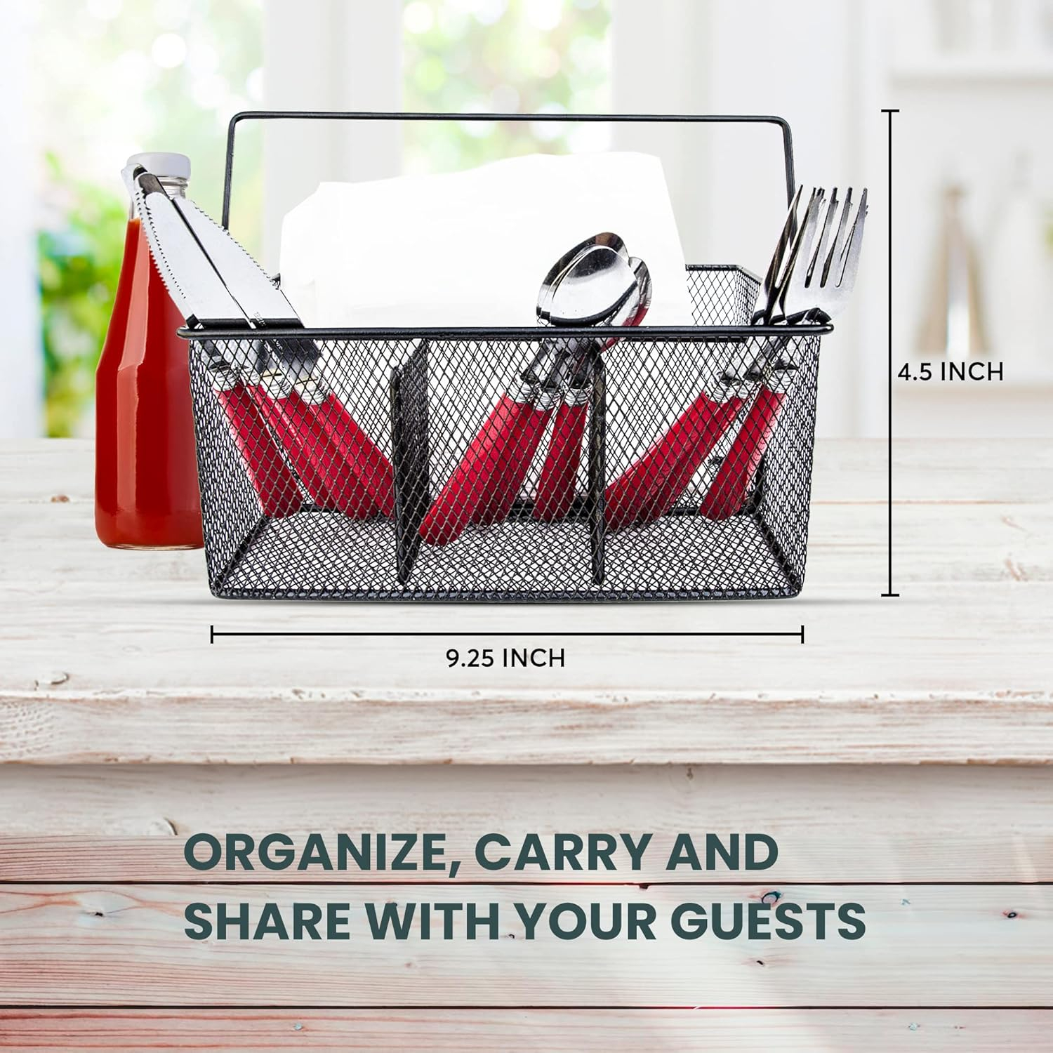 Utensil Caddy -Silverware Caddy for Parties, Spoon Holder, Buffet Organizer for Condiments, Napkin, Forks, Knives -Stainless Steel Flatware Caddy for Home, Picnics or Entertaining Evens (Black)