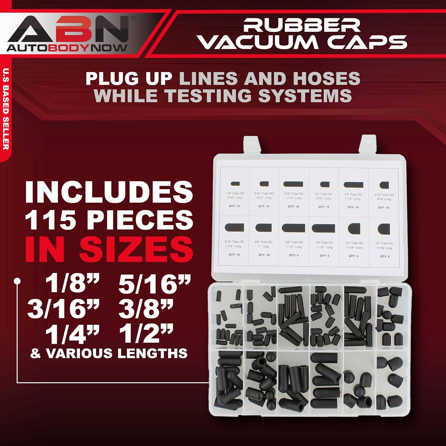 ABN Rubber Vacuum Cap 115-Piece Assortment Set – Automotive Hose Line Caps Kit