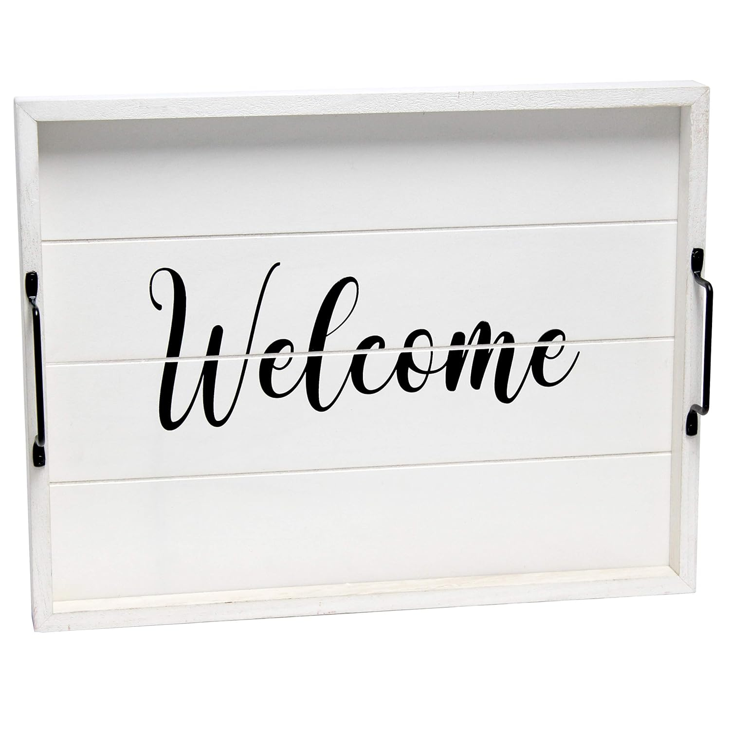 Elegant Designs 15.5" x 12" Decorative Wood Serving Tray, "Welcome", White Wash