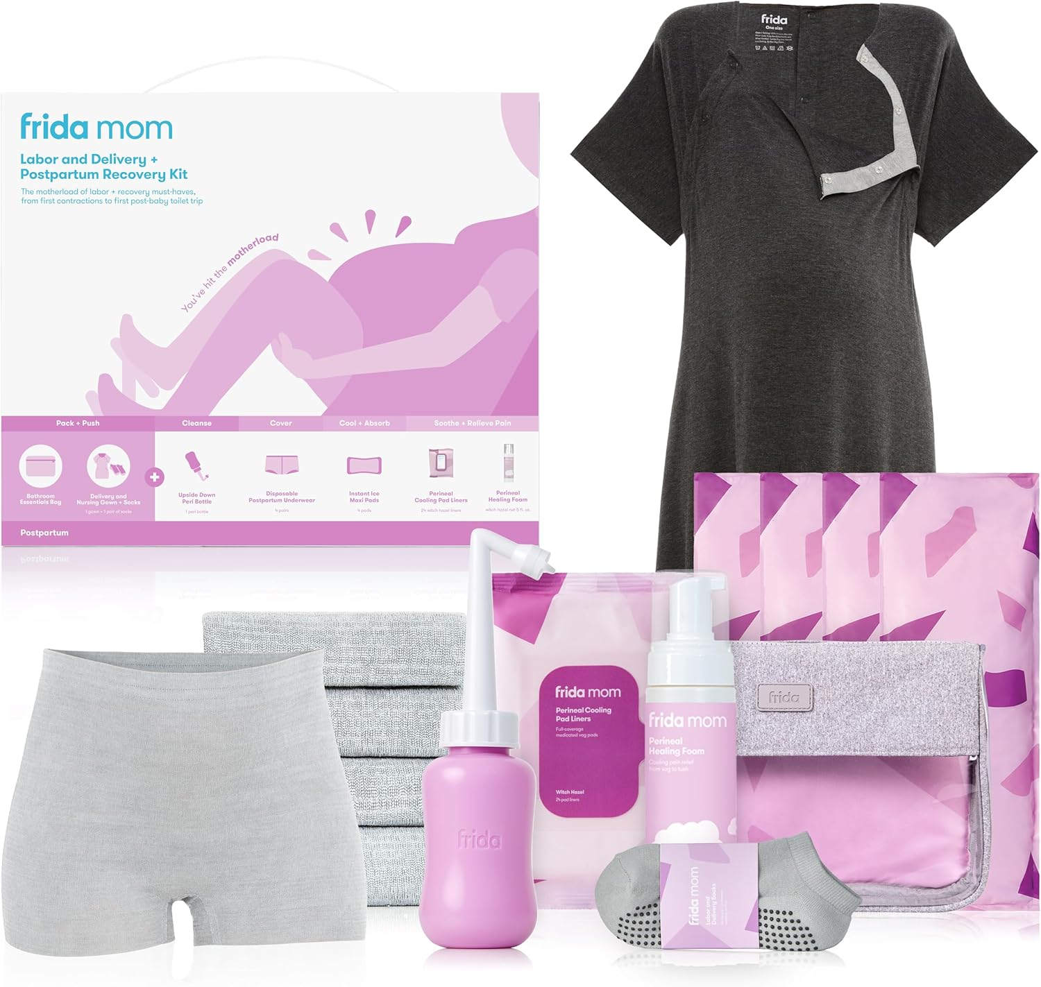 Frida Mom Labor, Delivery, and Postpartum Care Recovery Kit with Peri Bottle and Disposable Underwear for Women, 7 Count Gift Set