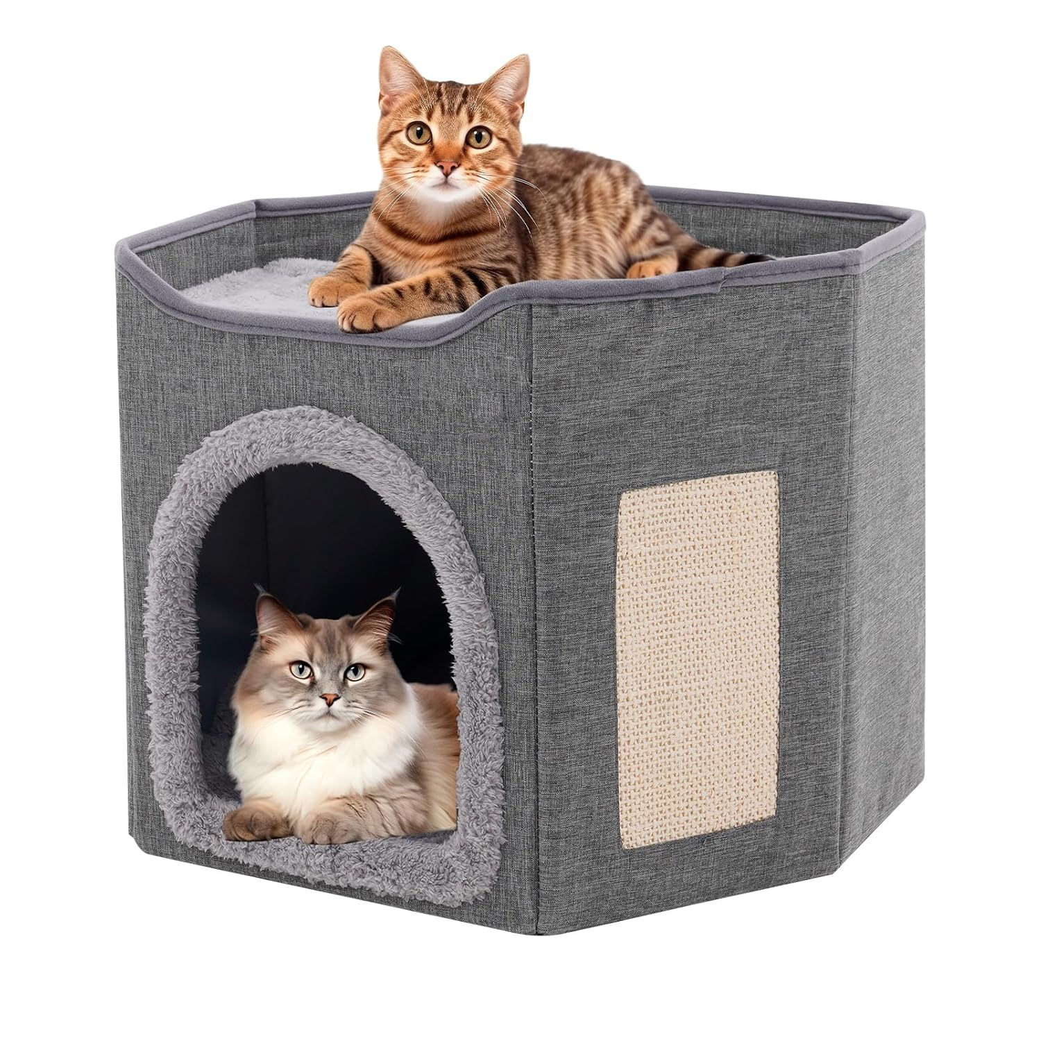 Cat Bed for Indoor Cats Cube House, Covered Cat Cave Beds & Furniture with Scratch Pad and Hideaway Tent, Cute Modern Cat Condo for Multi Small Pet Large Kitten Kitty, Dark Grey