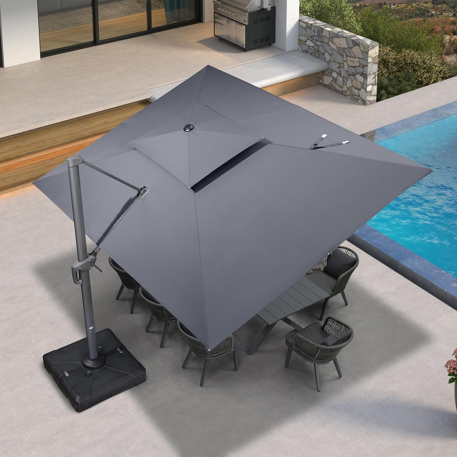 PURPLE LEAF 10' X 13' Patio Umbrella, Rectangle Outdoor Cantilever Umbrella, Aluminum Offset Umbrella with Champagne Frame and 360° Rotation for Pool Deck Garden, Grey