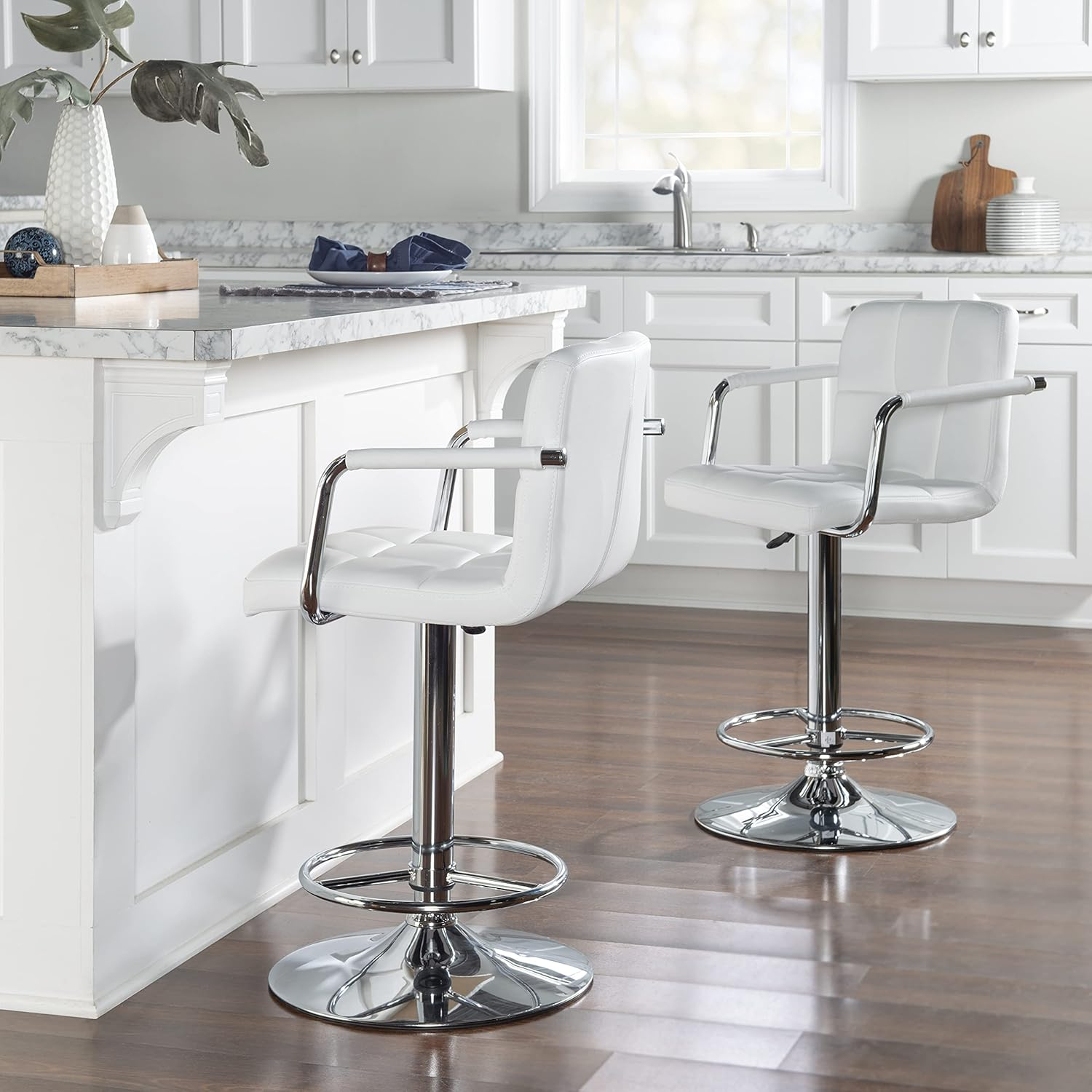 Linon White Quilted Faux Leather Gas-Lift Adjustable Swivel Bar Stool in Chrome