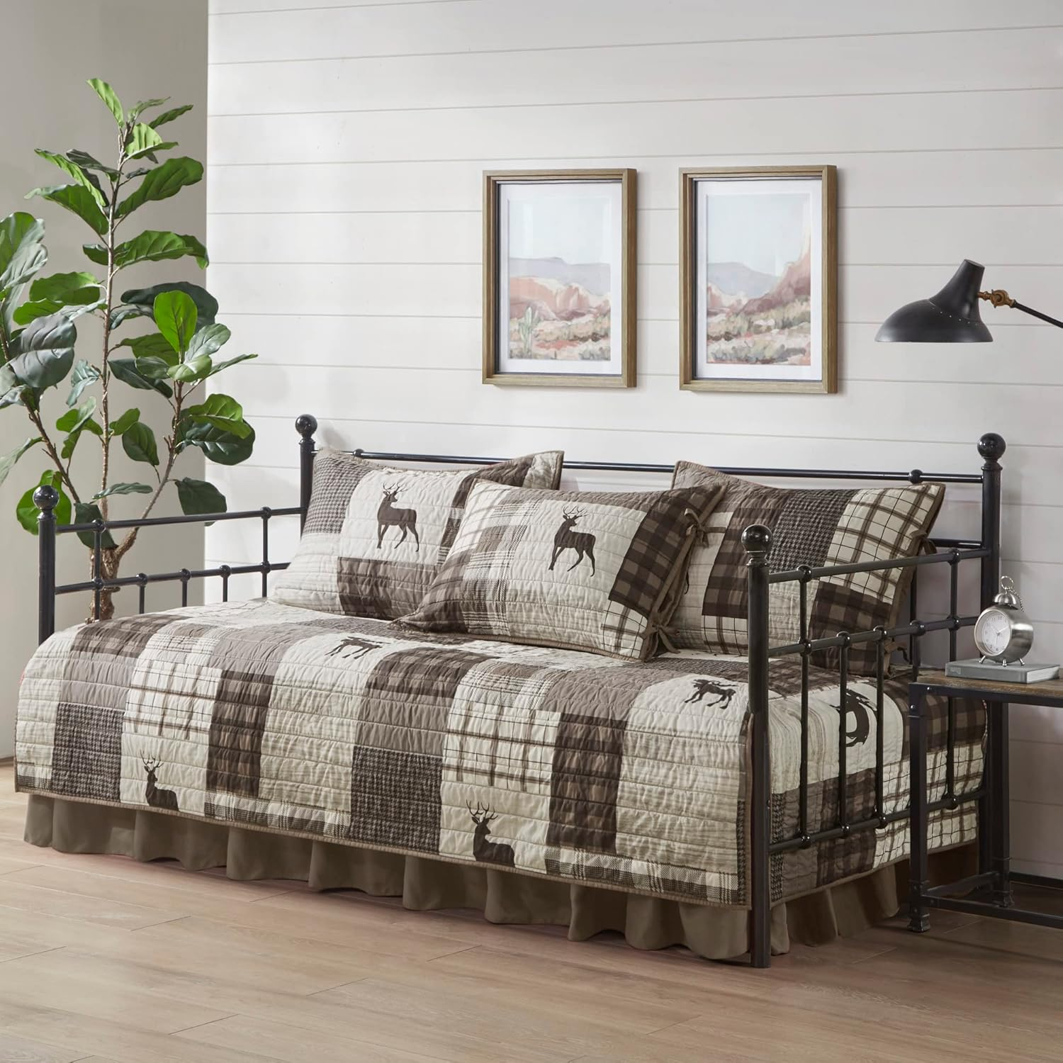 Woolrich Daybed Cover Set - Cabin Lifestyle, Patchwork with Moose Design All Season, Lightweight and Breathable Cozy Bedding Layer with Bedskirt, Matching Shams, 39" W x 75" L, Woodshed Brown 5 Piece