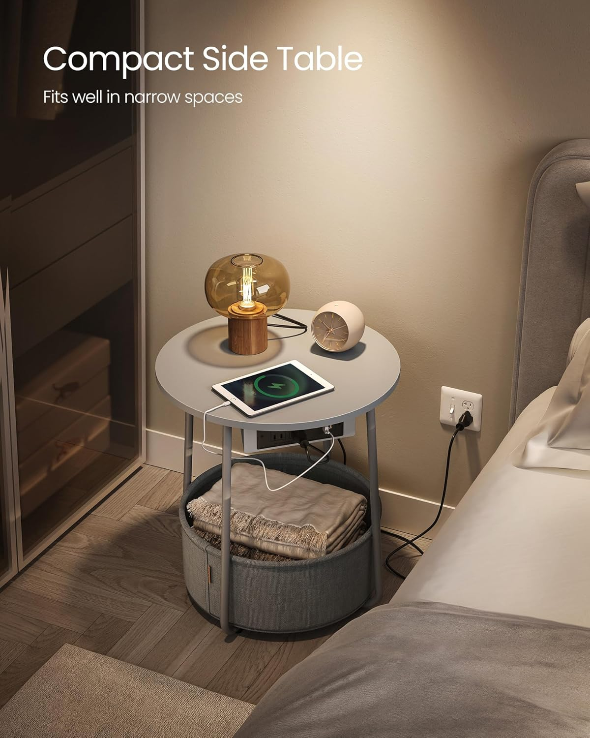 VASAGLE Side Table with Charging Station, Round End Table With Fabric Basket, Nightstand with Power Outlets USB Ports, for Living Room, Bedroom, Modern, Dove Gray and Slate Gray ULET228G01