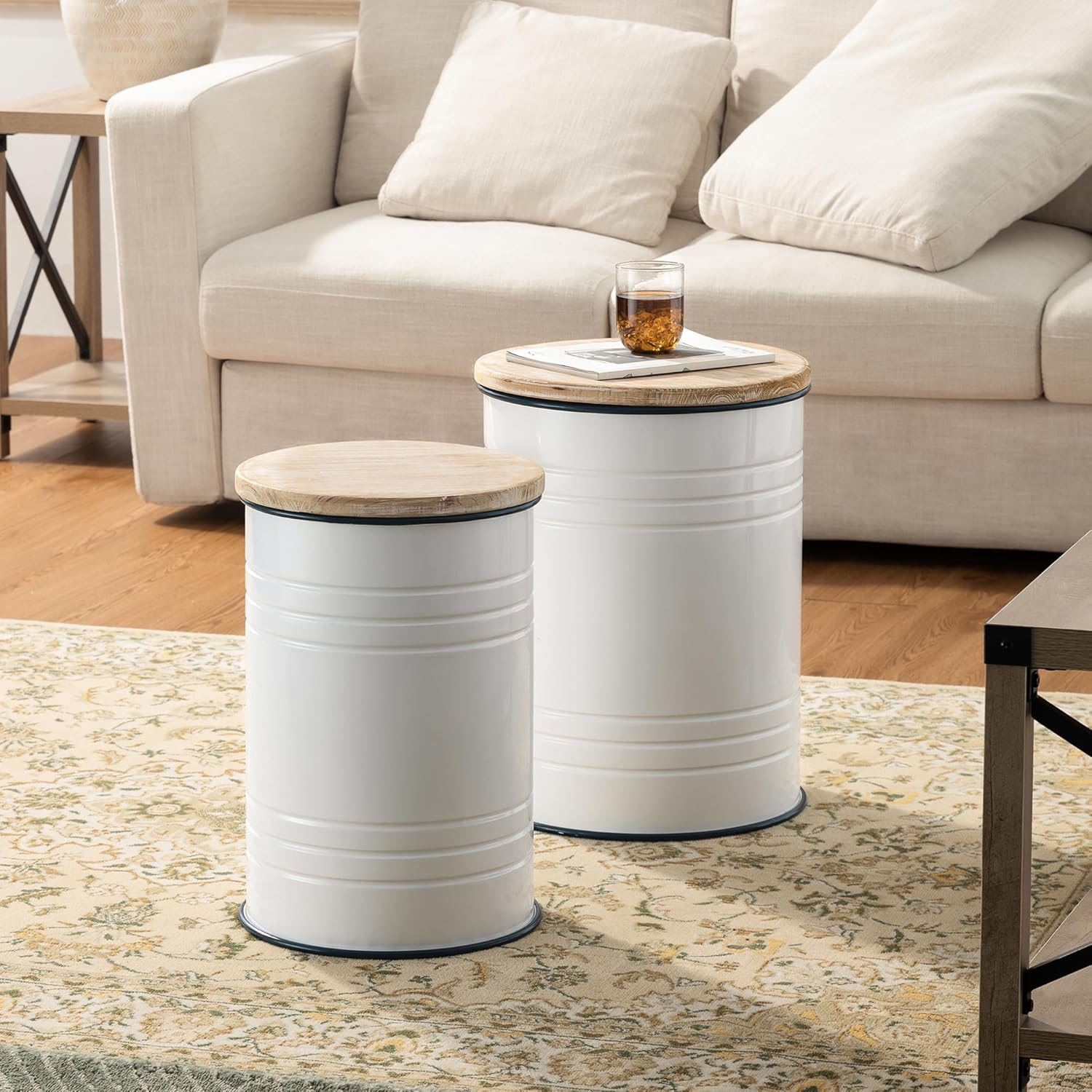 White Metal and Wood Farmhouse Storage Accent Stools, Set of 2