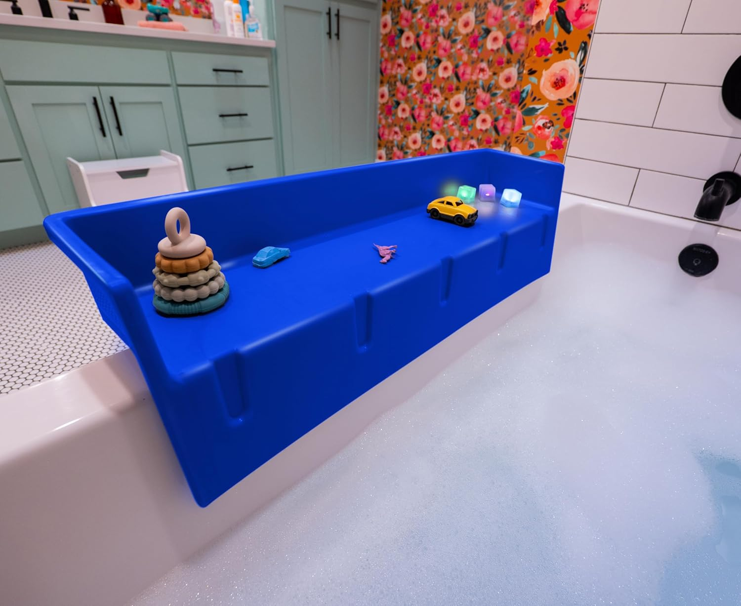 Tub Topper® Bathtub Splash Guard & Bath Shelf for Kids – Toddler Bath Tray, Bath Toys Storage & Ledge Organizer – Splash Guard for Bathtub with Suction Cups – Kids Bathroom Accessories (Blue)