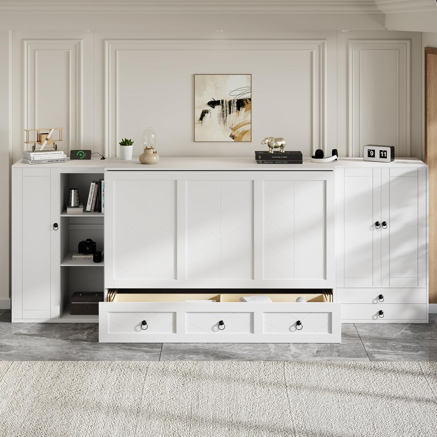 Queen Size Murphy Bed Wall Bed, Solid Pine Murphy Bed Chest Cube Cabinet Bed with USB, Charging Station, Bookshelves and Storage Wardrobes and Drawers for Home Office or Small Room-White