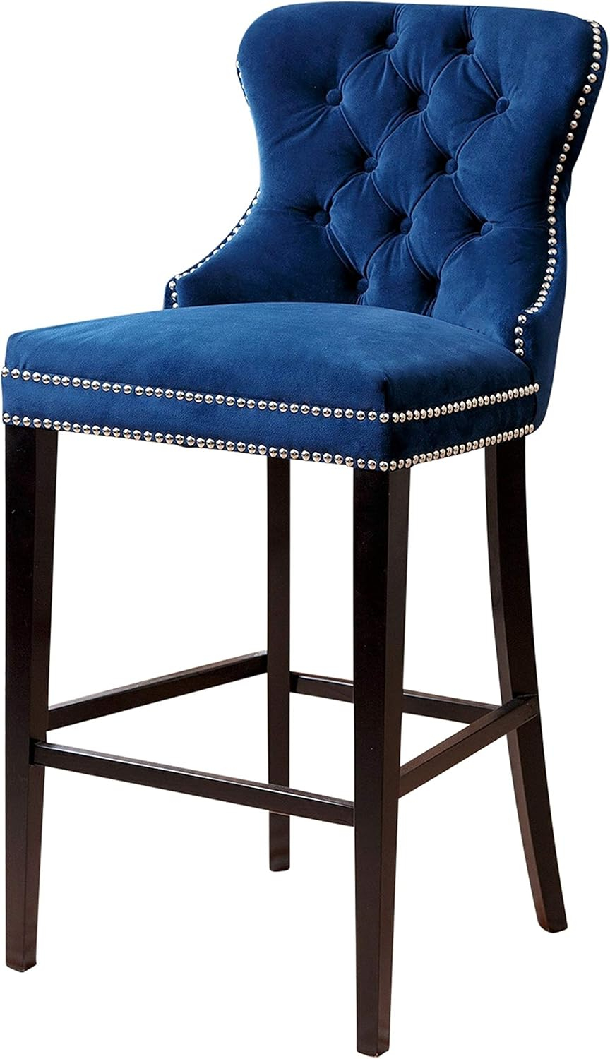 Elegant Gray Velvet & Wood High Back Bar Stool with Silver Nailhead Trim