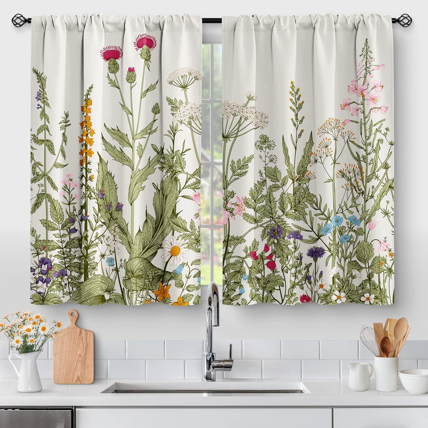 Aimego Colorful Leaves Kitchen Curtains - Floral Spring Botanical Tier Cafe Curtains Farmhouse Country Small Window for Bathroom Living RV Rod Pocket Window Drapes 36 Inch 2 Panels Set 28 "x36