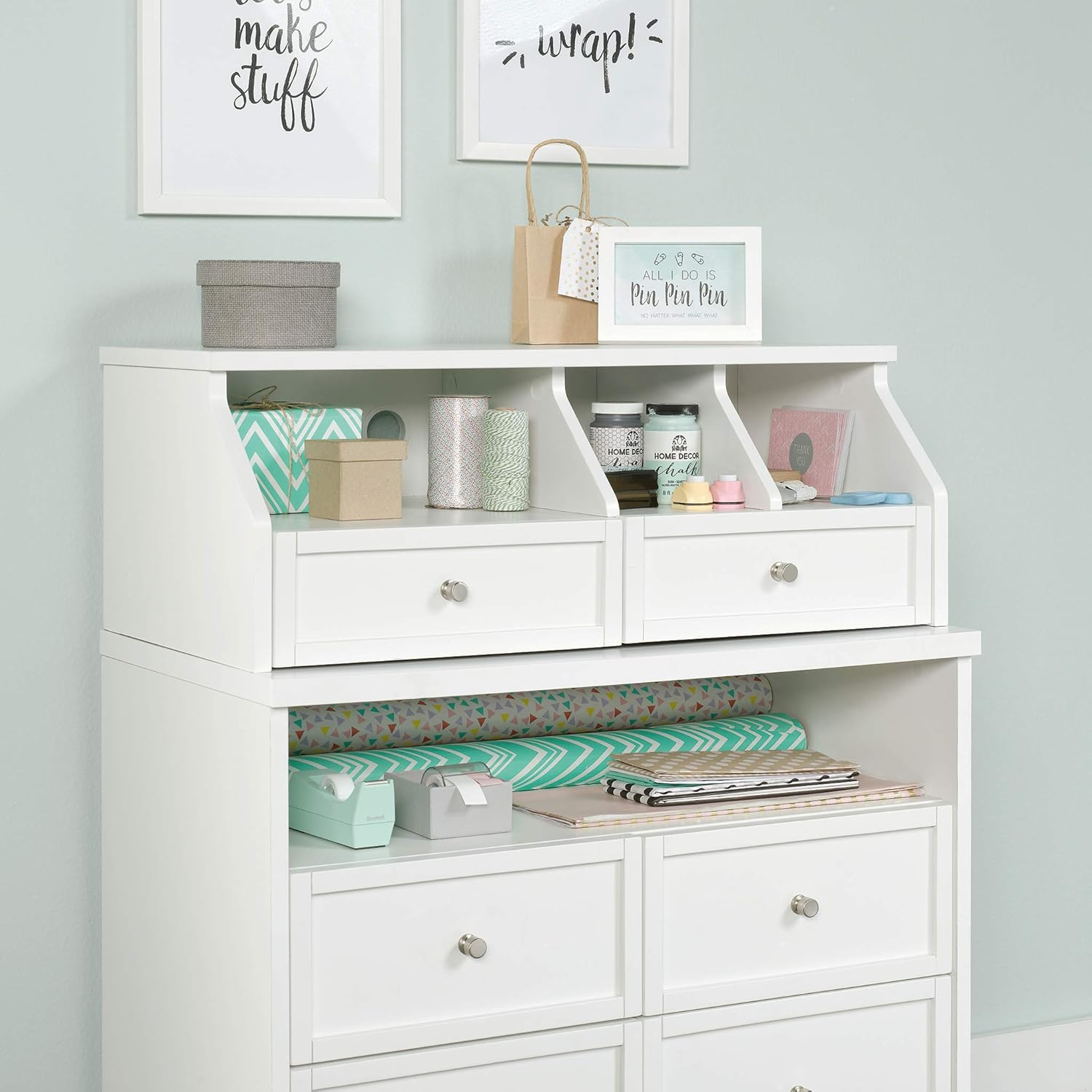 Sauder Craft Pro Engineered Wood 2-Drawer Hutch with Cubbyhole Storage in White
