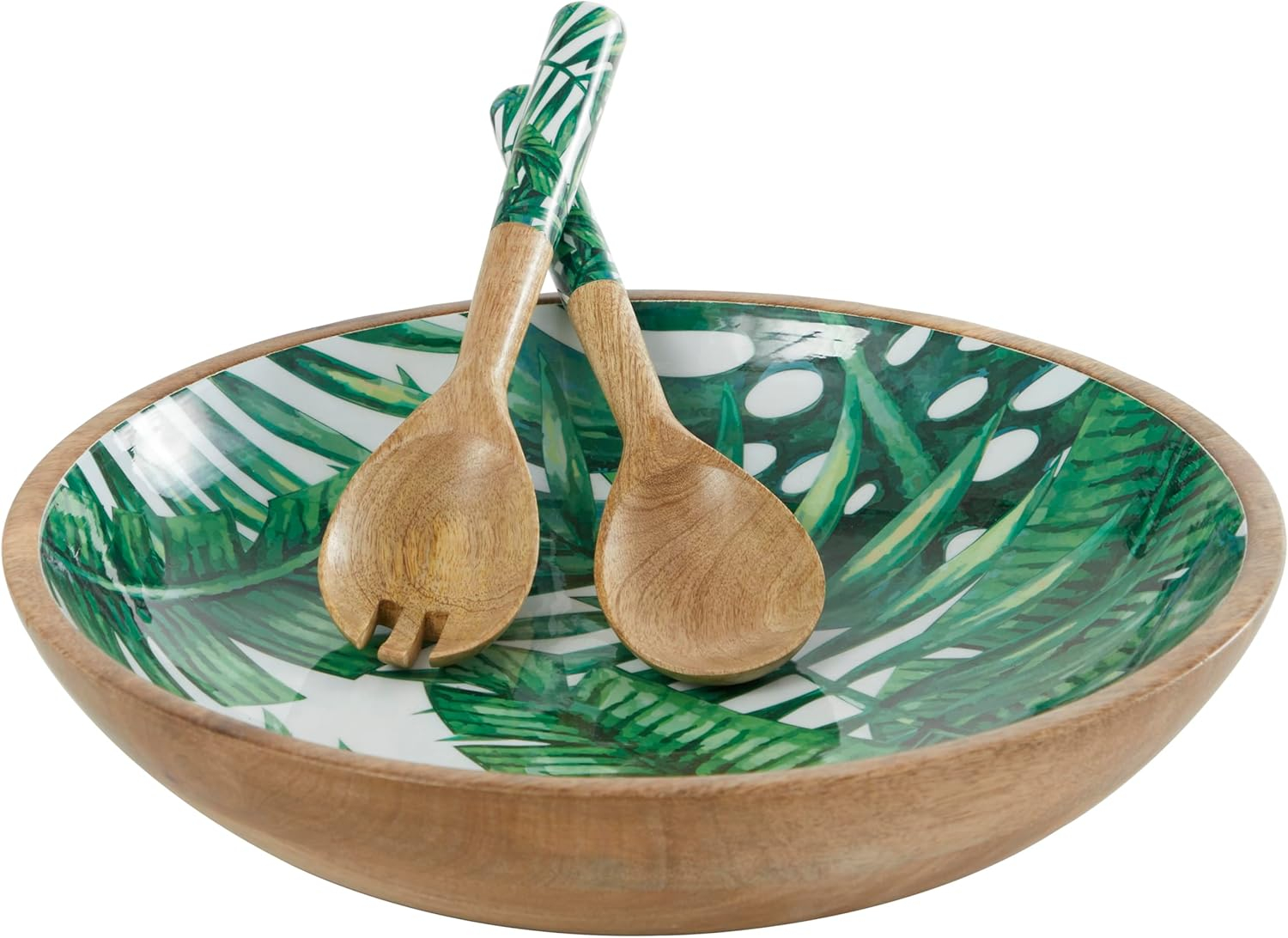 Deco 79 Mango Wood Handmade Decorative Bowl with Matching Salad Serving Utensils, Set of 3 15", 11", 11" W, Green