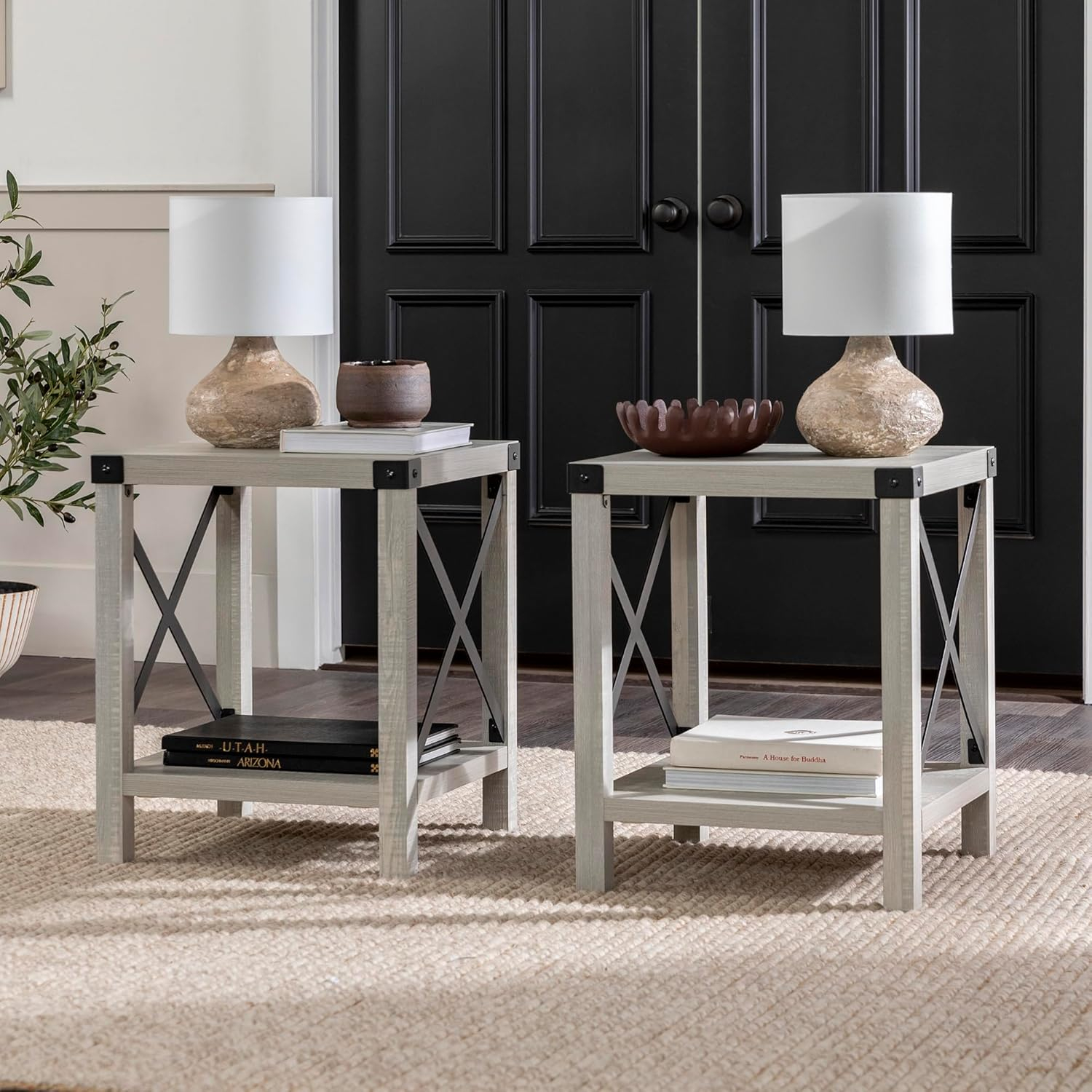 Stone Grey Metal X Frame Rectangular Side Tables Set
