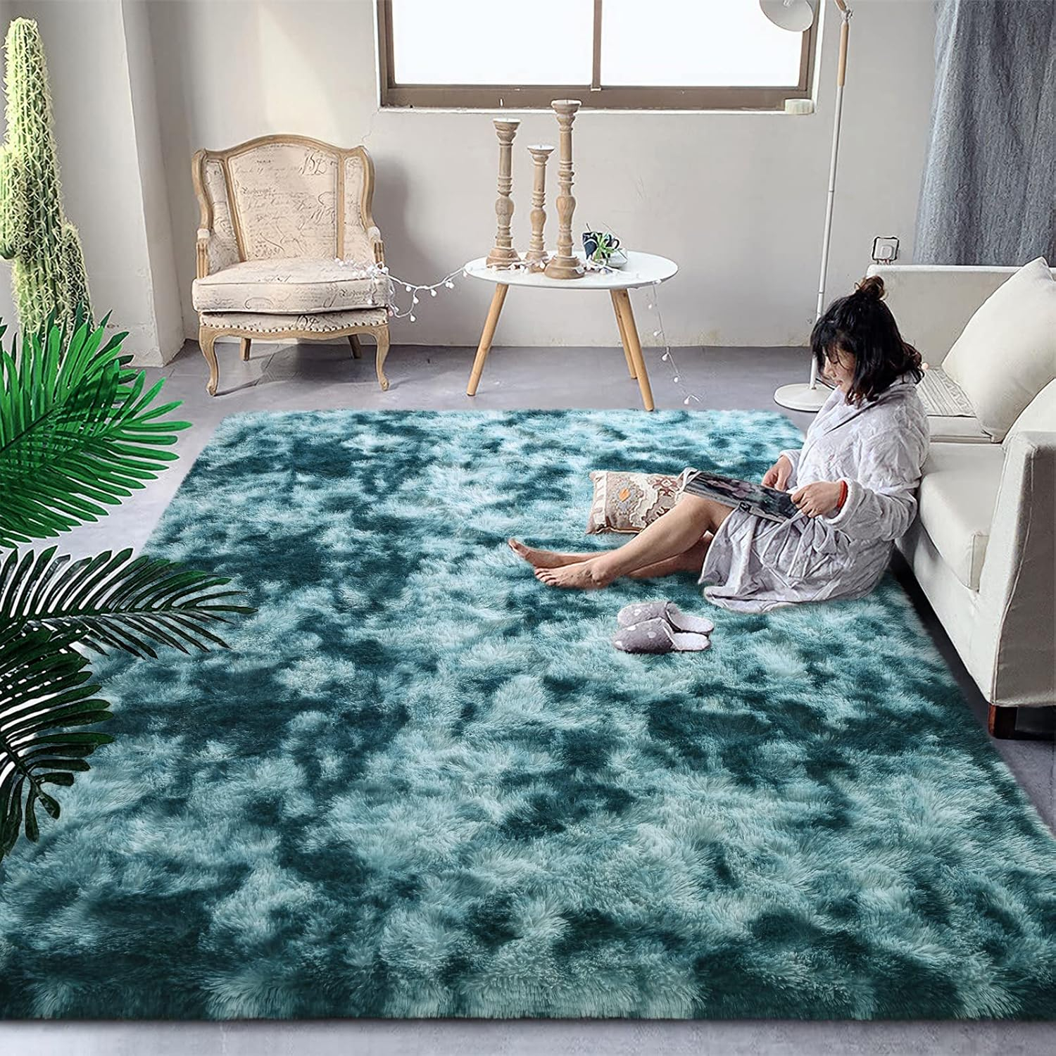 DweIke Fluffy Peacock Blue Rugs for Bedroom Living Room, 3x5 Feet Soft Plush Shaggy Tie-Dyed Teal Blue Girls Boys Kids Rug, Upgraded Non-Slip and Machine Washable Carpet for Dorm Nursery Decor