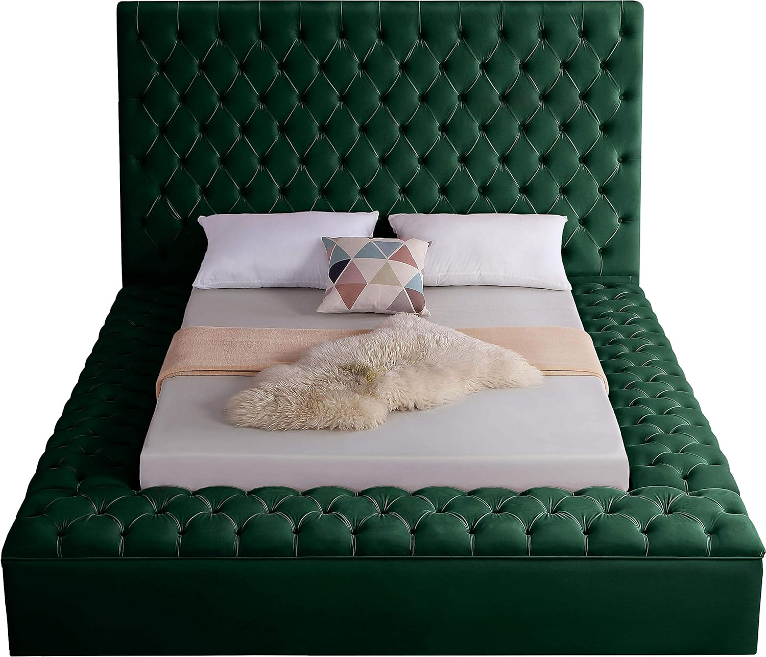 Meridian Furniture Bliss Collection Modern | Contemporary Velvet Upholstered Bed with Deep Button Tufting and Storage Compartments in Rails and Footboard, Black, Queen