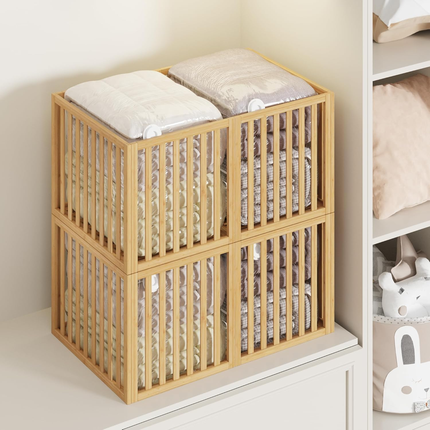 Bamboo Under Bed Storage Containers- Underbed Organizer with Wheels with Large Capacity Dust Bag,Sturdy Wood Rolling Under Bed Shoe Storage Organizer Drawer 2 Packs (Nature, Small)