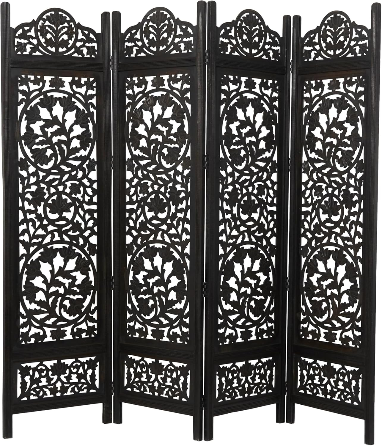 DecMode 80" x 72" Black Wood Floral Handmade Hinged Foldable Partition 4 Panel Room Divider Screen with Intricately Carved Designs, 1-Piece