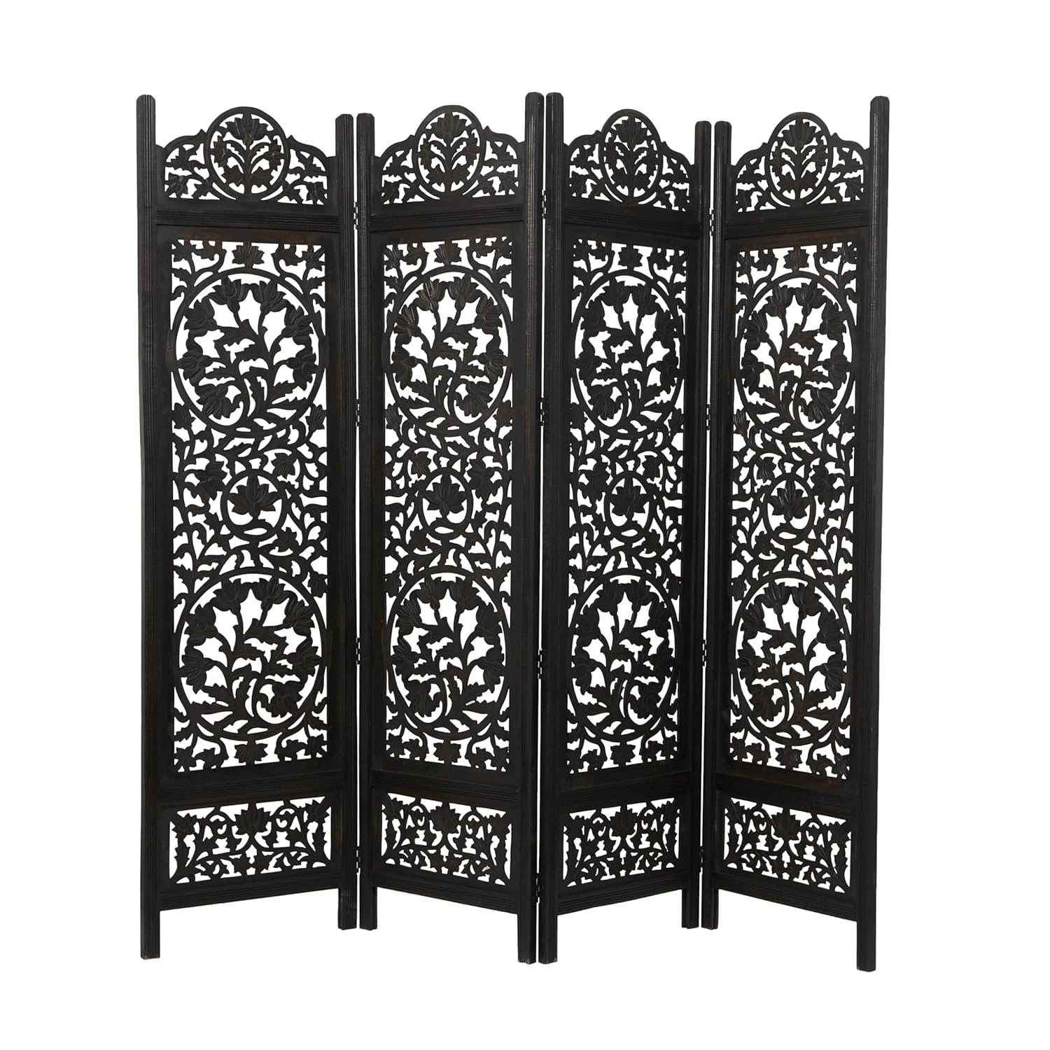 DecMode 80" x 72" Black Wood Floral Handmade Hinged Foldable Partition 4 Panel Room Divider Screen with Intricately Carved Designs, 1-Piece