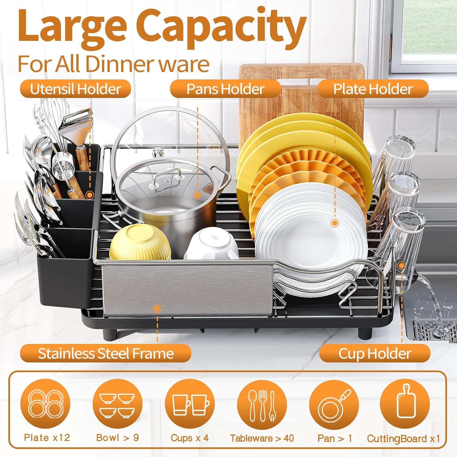 Dish Drying Rack - 304 Large Stainless Steel Dish Drainer for Kitchen Counter, Multifunctional Rust Resistant Kitchen Organizer and Easy Cleaning Storage Rack with Cutlery Holder Drip Tray