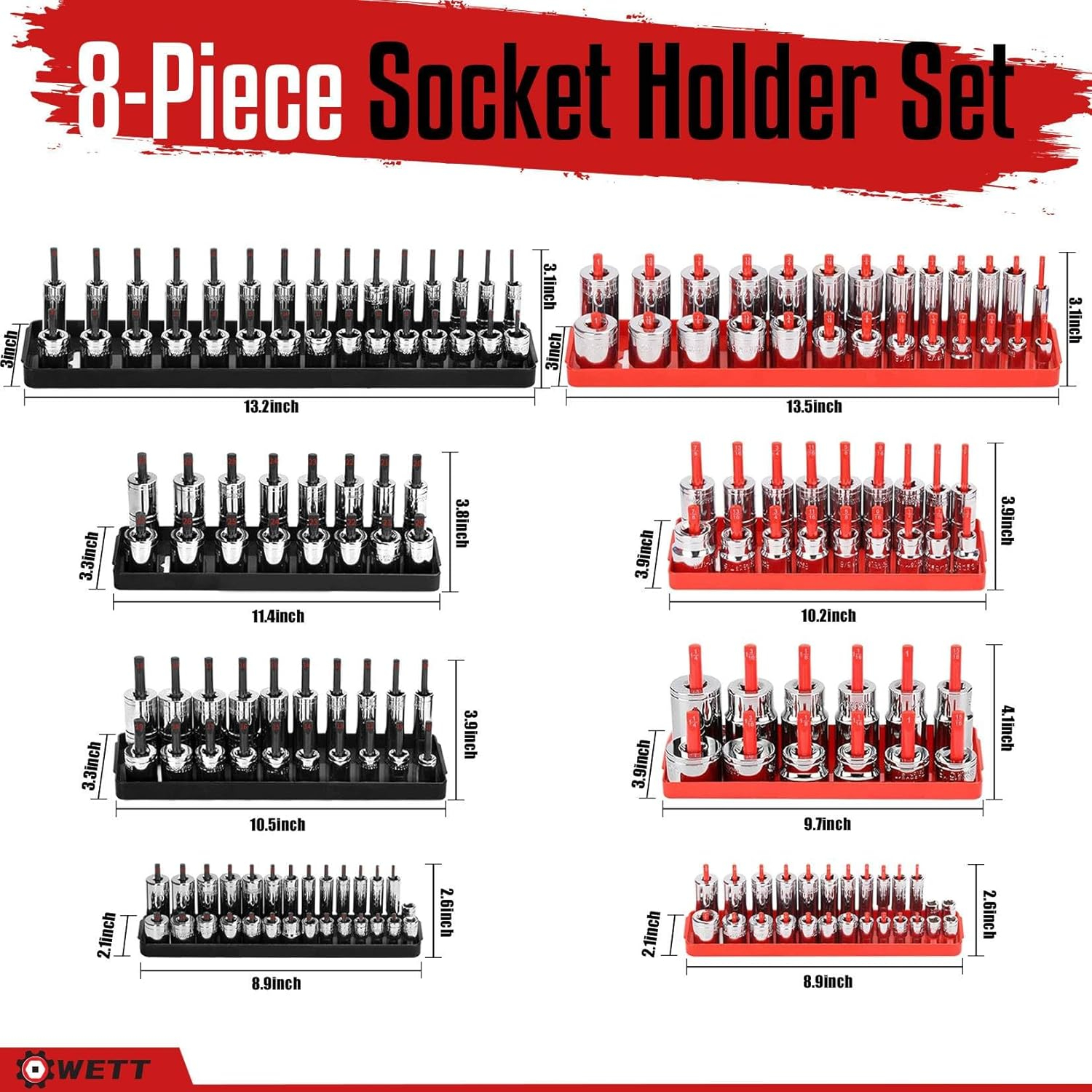 WETT Socket Organizer Tray Set, 8-Piece Socket Holder Set, 1/4", 3/8", 1/2" Drive Sockets Trays Organizers for Toolbox, Store 176pcs SAE & Metric, Standard Shallow and Deep Size Sockets, Black & Red