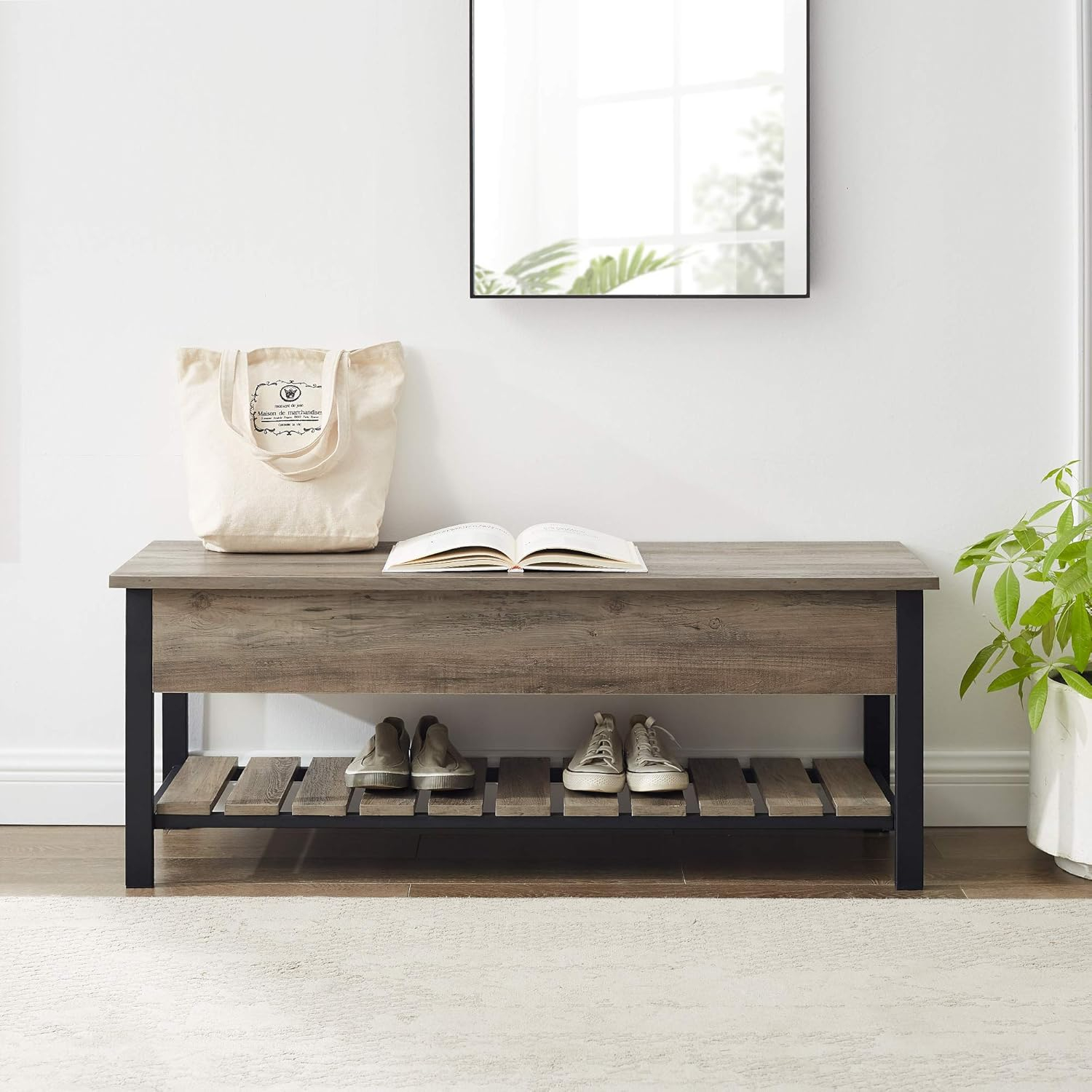 Walker Edison Storage Bench, Grey Wash