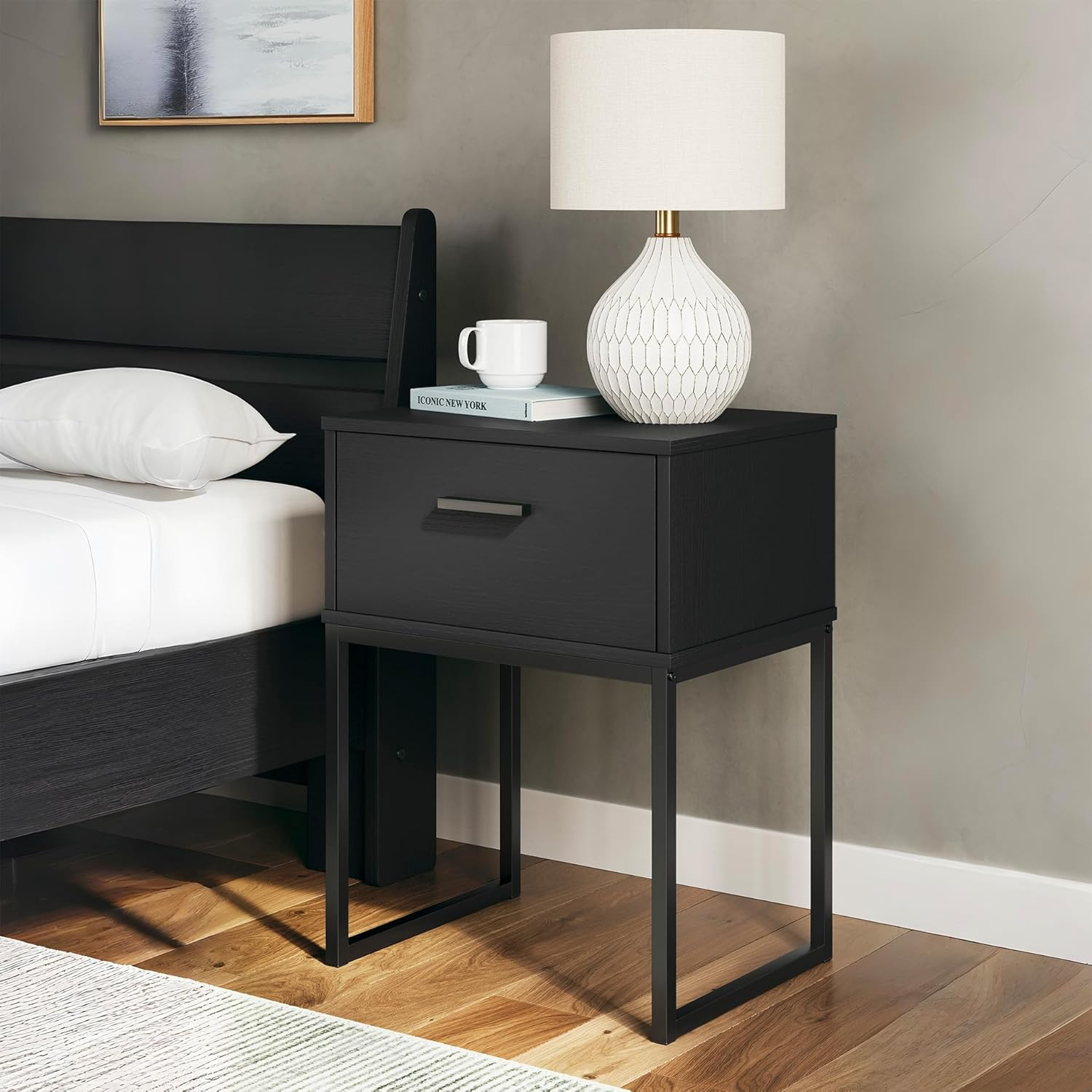 Neilsville Black and Gray 1-Drawer Nightstand with Metal Legs