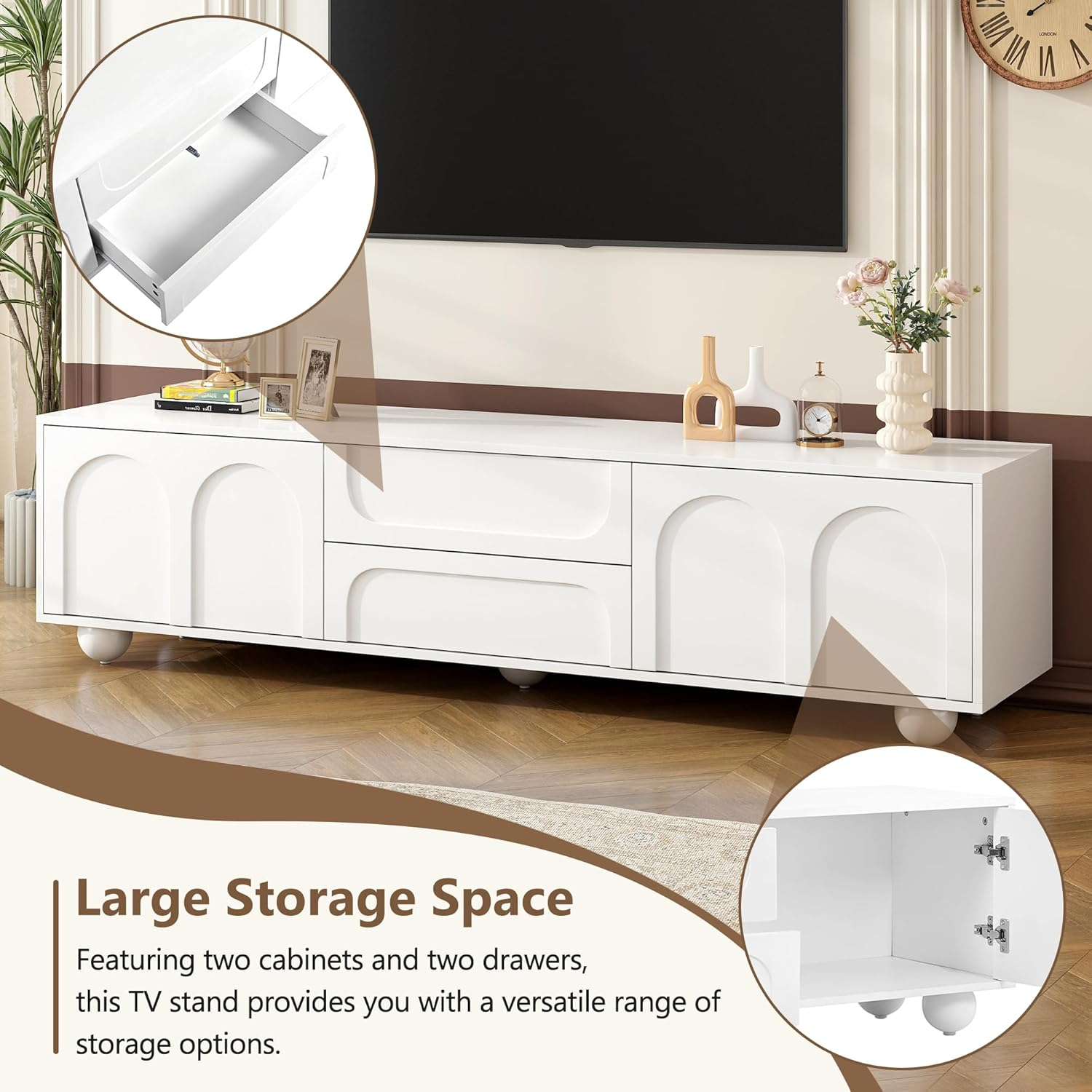 EUROCO 69.6" Modern TV Stand,Modern Entertainment Center with 2 Drawers,2 Storage Cabinets,5 Iron Round Legs and Rebound Device,Media Console Table for TVs Up to 75",White
