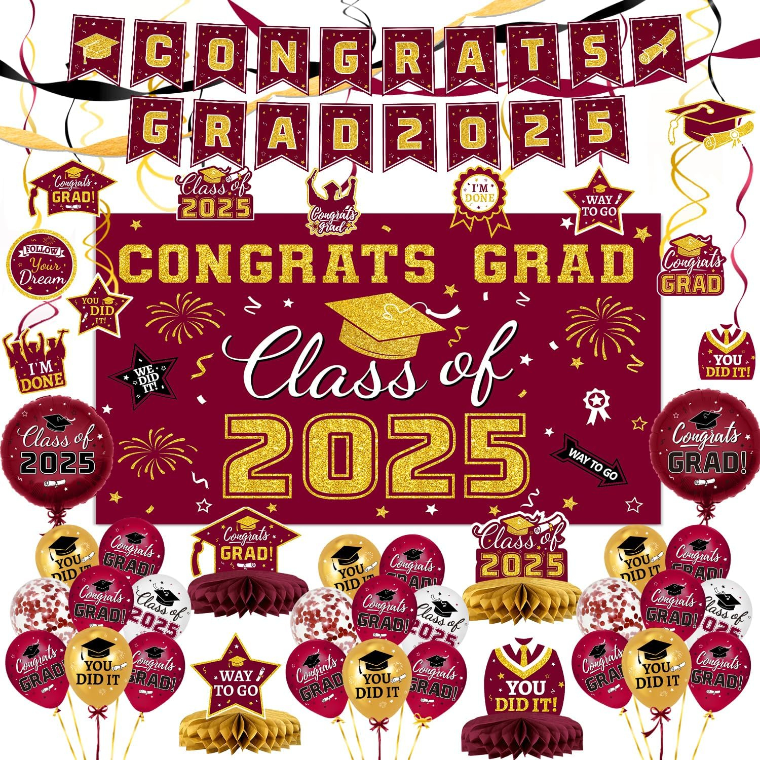 2025 Graduation Party Decoration, Red Gold Themed Set with Congrats Grad Banner, Balloons, Foil Number 2025 for Class of 2025 Graduation Party Supplies
