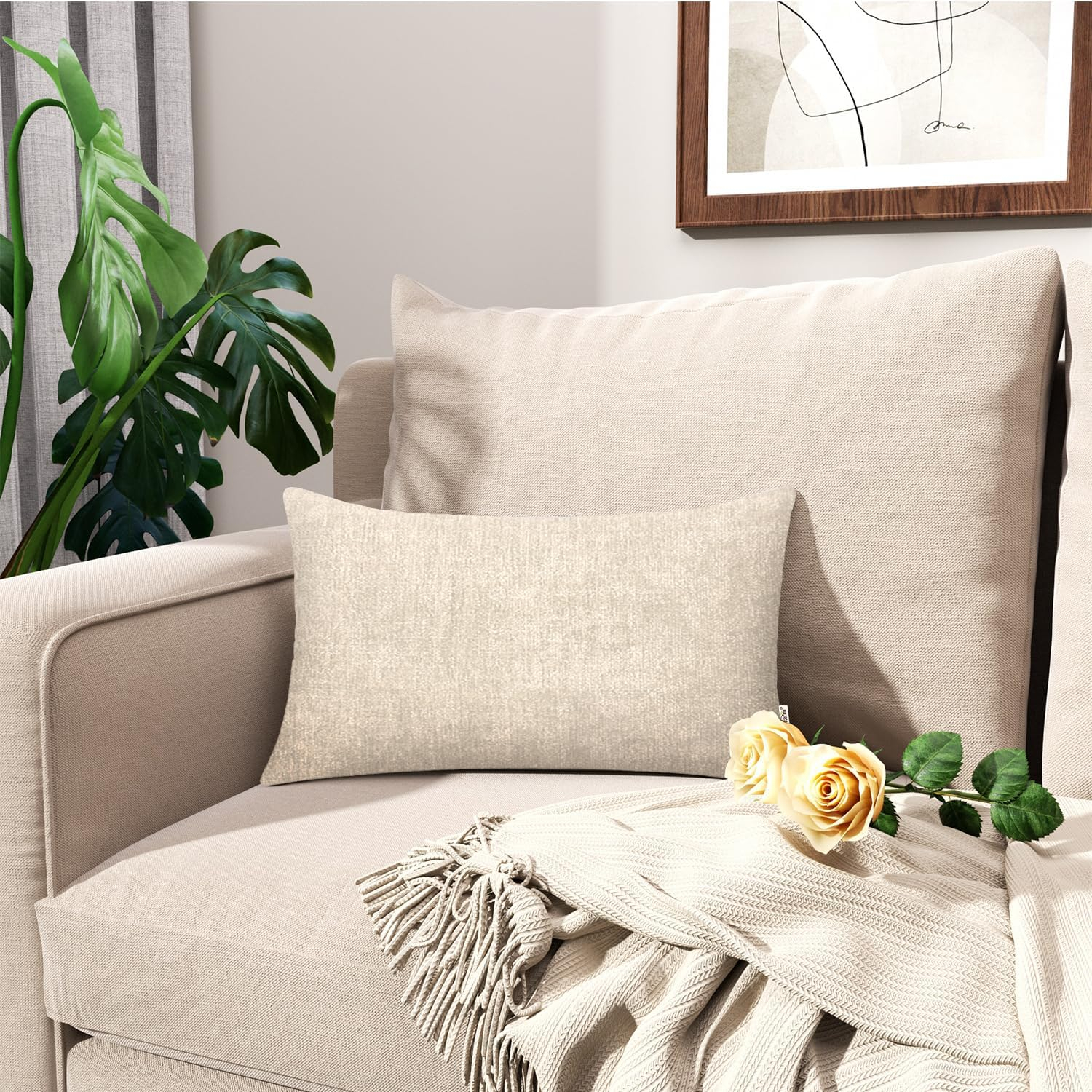 BRAWARM Throw Pillow Covers 12x20 Inches - Cream Chenille Lumbar Pillow Covers Pack of 2, Solid Dyed Soft Chenille Pillow Cases for Couch Sofa Bed Home Decoration