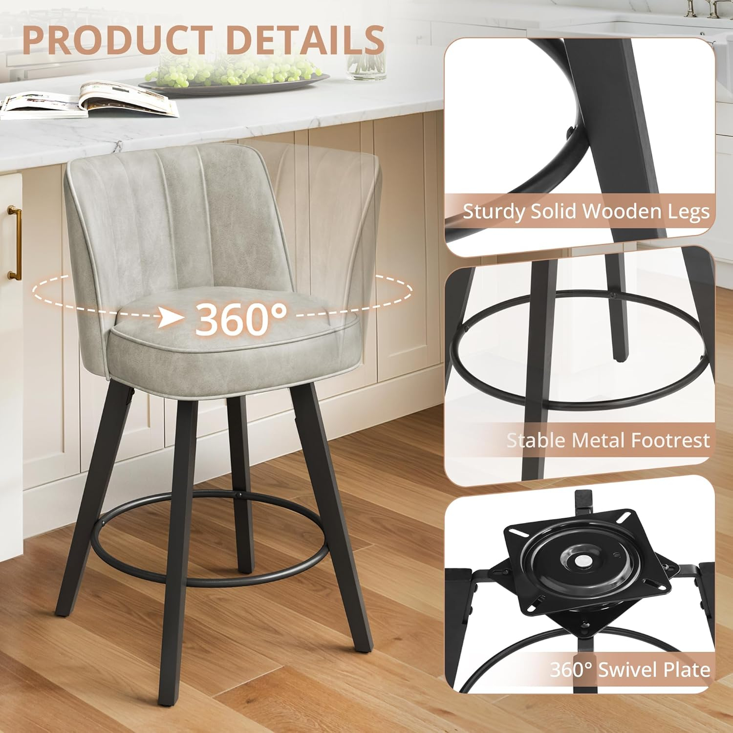 LUE BONA 360-degree Swivel Bar Stools Set of 3, 26" Counter Height Bar Stools with High Back and Wood Legs, Morden Faux Leather Upholstered Barstools for Kitchen Counter