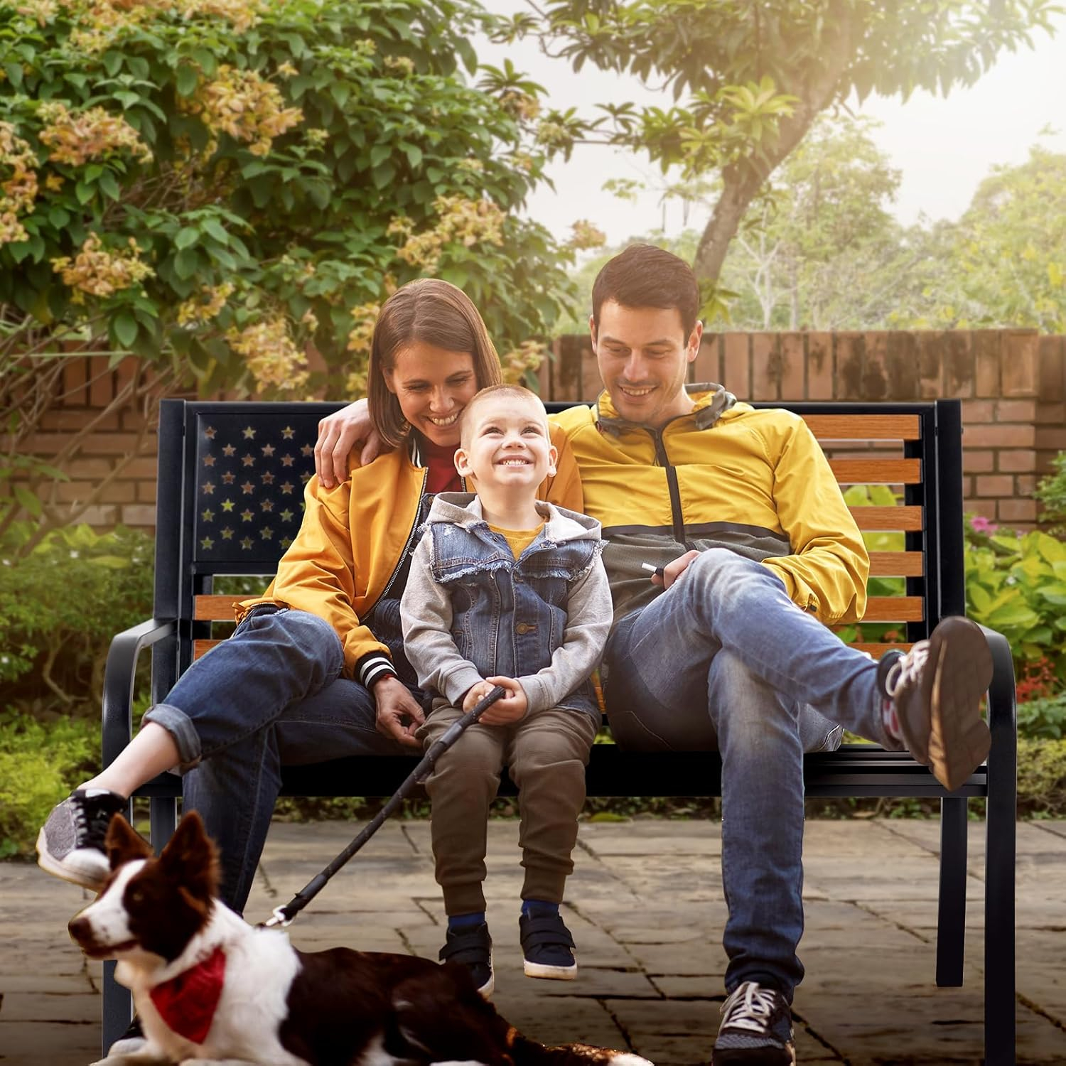 50" Outdoor Garden Bench, Cast Iron Metal Frame Patio and Porch Welcome Benches with Classic Americana Style Backrest and Weatherproof Seat, Park Decorative Memorial Bench (Black & Woodgrain Colors)