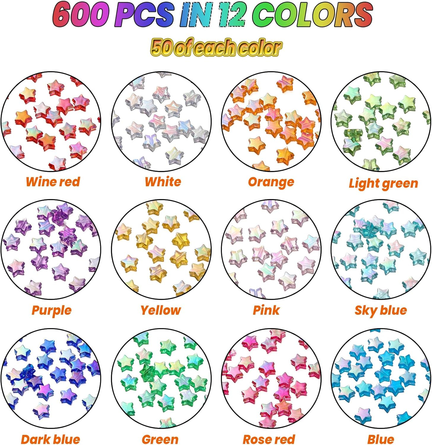 St. Kunkka 600 Pcs Acrylic Star Beads for Jewelry Making Craft DIY - 12 Mixed Colors, Clear Acrylic AB Colors Star Spacer Beads for DIY Bracelet, Necklace, Earrings