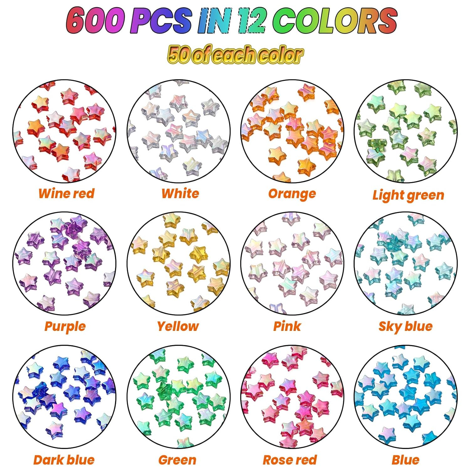 St. Kunkka 600 Pcs Acrylic Star Beads for Jewelry Making Craft DIY - 12 Mixed Colors, Clear Acrylic AB Colors Star Spacer Beads for DIY Bracelet, Necklace, Earrings