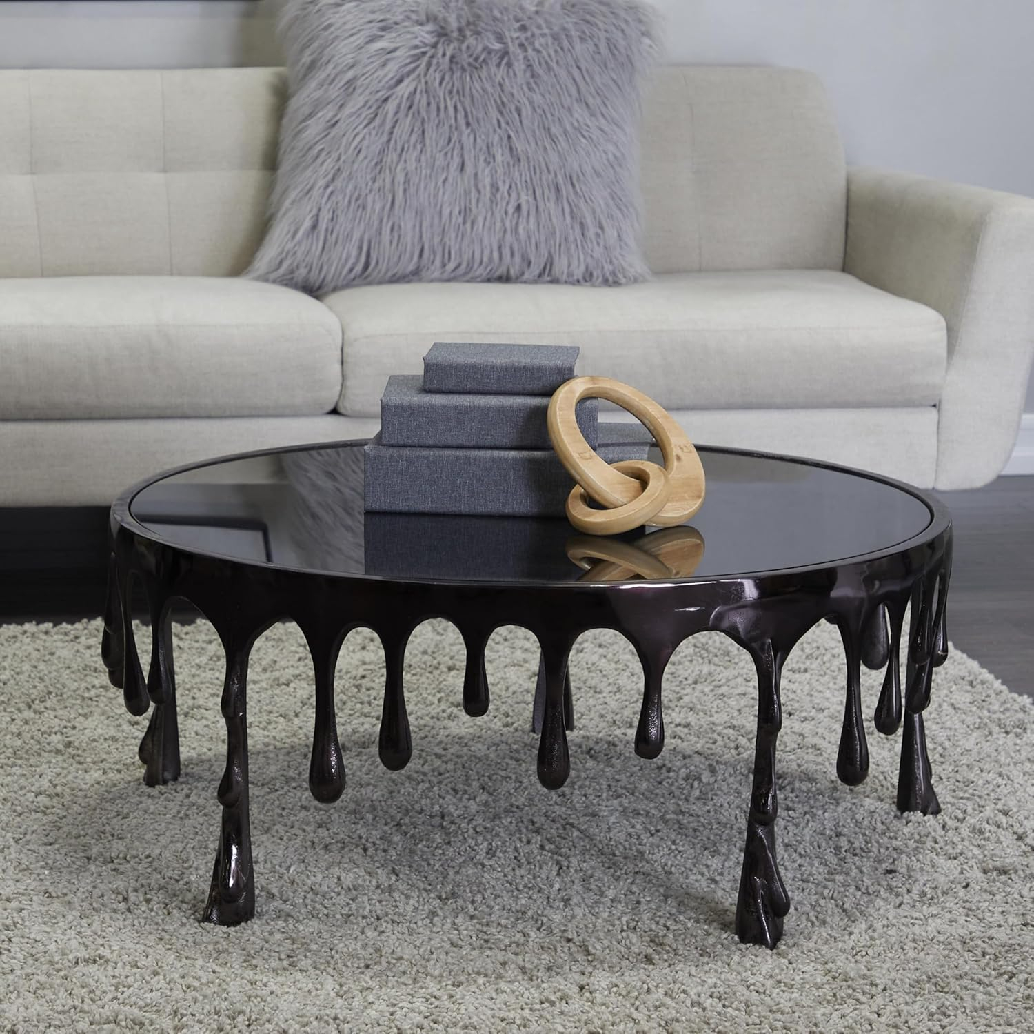 Deco 79 Aluminum Metal Living Room Coffee Table Drip Table with Melting Designed Legs and Shaded Glass Top, Center Table 36" x 36" x 16", Black