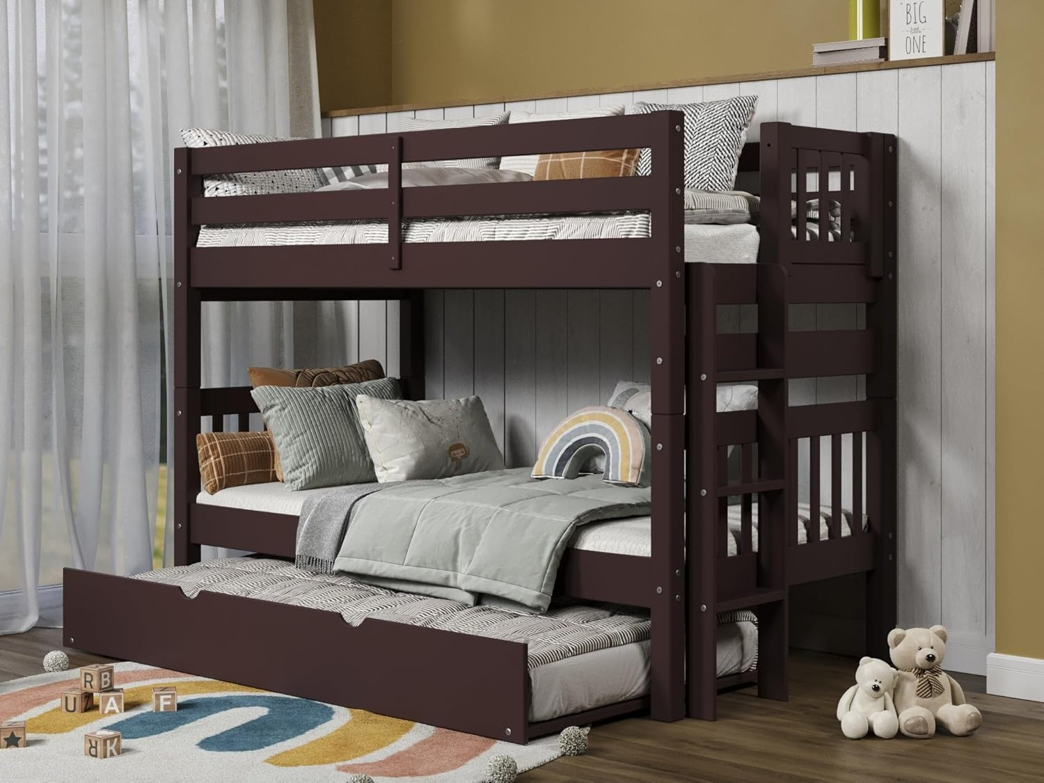 Bedz King Bunk Beds Twin over Twin Mission Style with End Ladder and a Twin Trundle, White