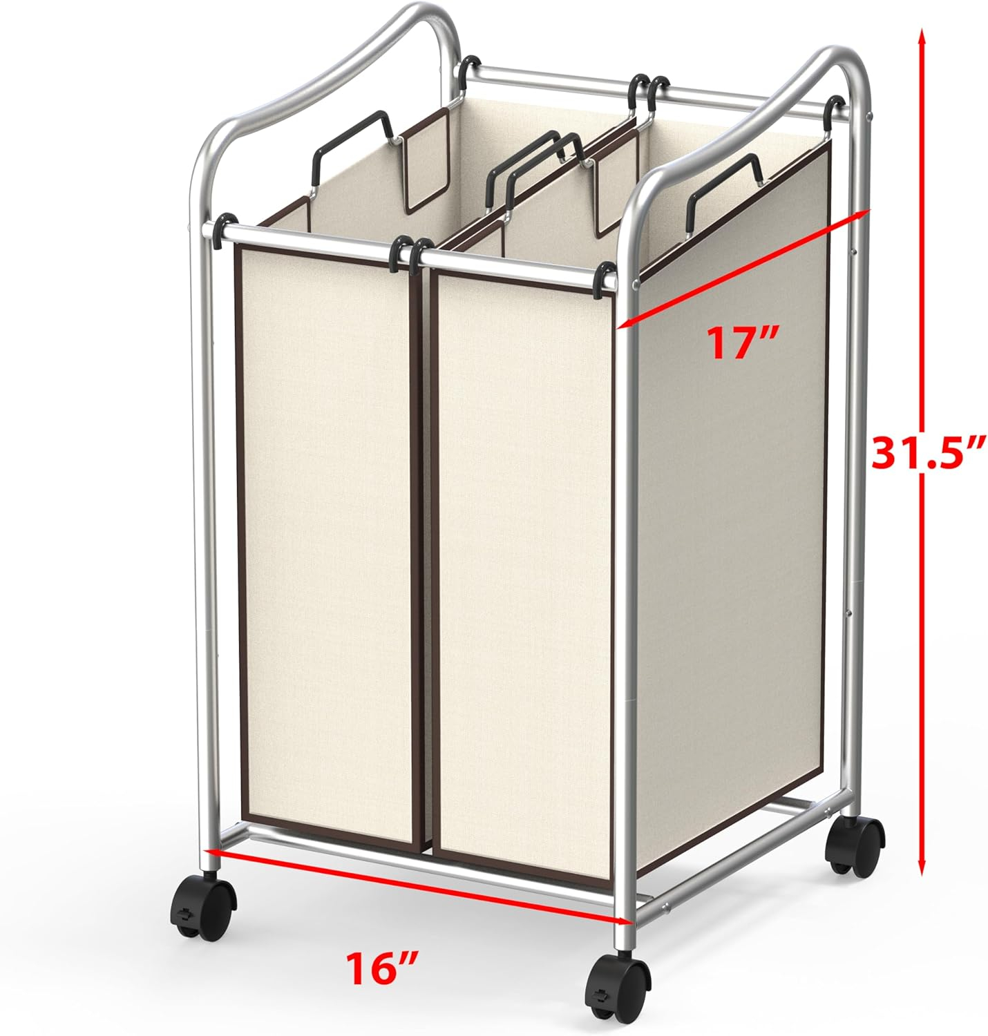 Chrome Frame Laundry Sorter with Beige Removable Bags and Wheels