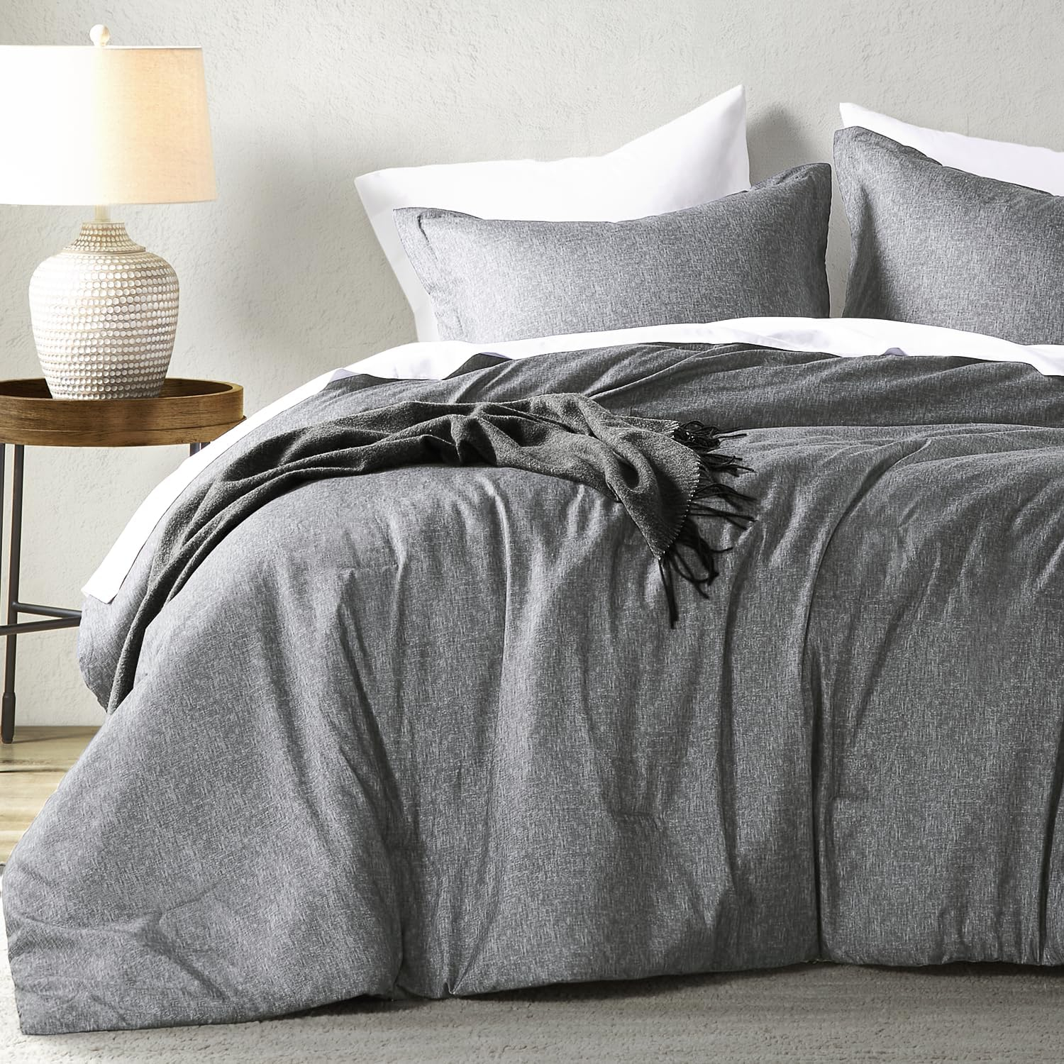 Lightweight Grey Comforter for Queen Size and Full Size Bed, Modern Chambray Bedding Set, Including 1 Comforter and 2 Pillow Shams