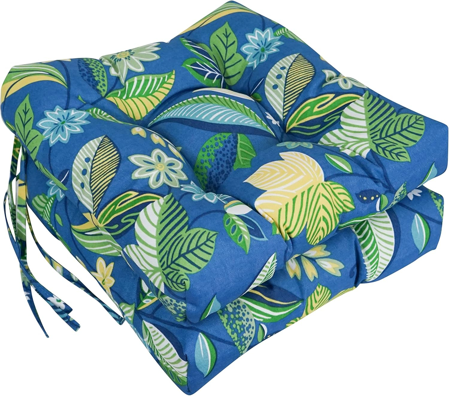 Blazing Needles 916X16SQ-T-2CH-REO-28 16 in. Spun Polyester Patterned Outdoor Square Tufted Chair Cushions, Skyworks Caribbean - Set of 2